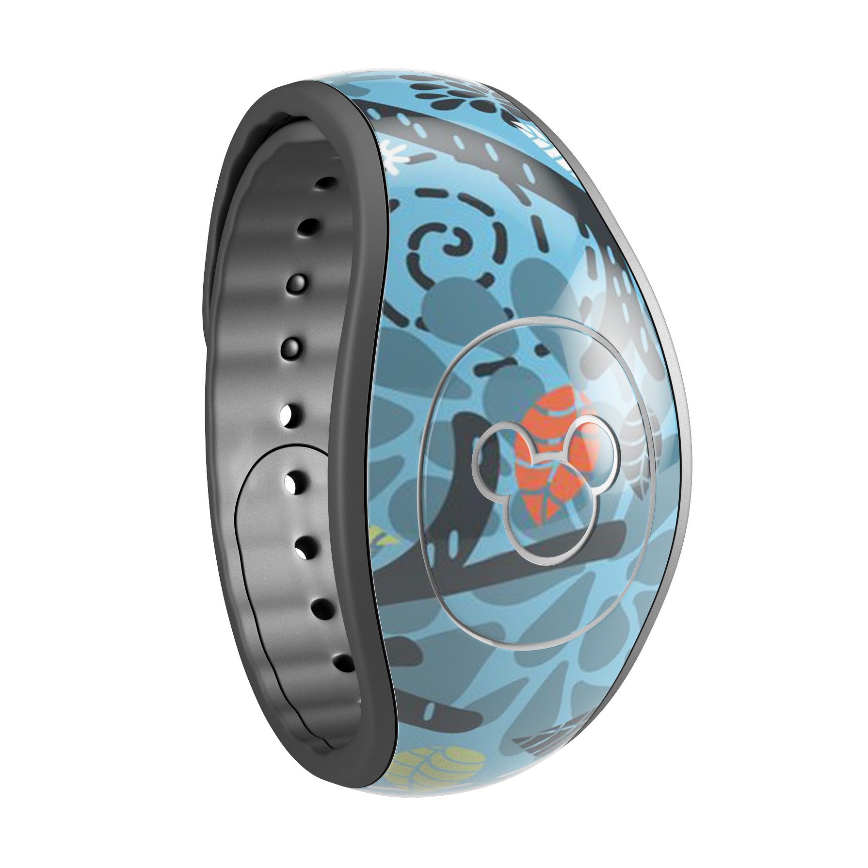 Blue and black decal skin wrap featuring abstract big eyed owls, designed for Disney Magic Band, showcasing vibrant colors and intricate details.