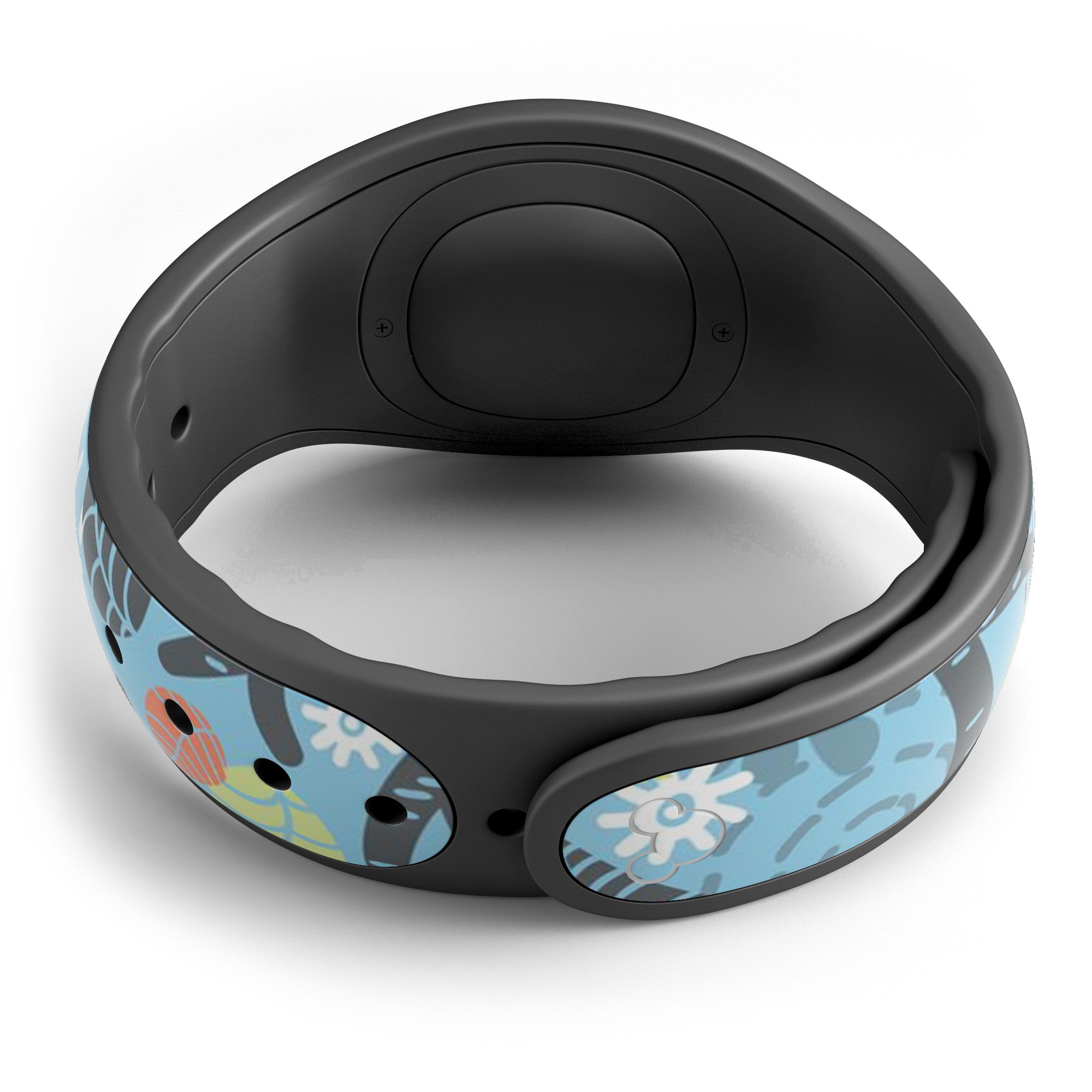 Blue and black decal skin wrap featuring abstract big eyed owls, designed for Disney Magic Band, showcasing vibrant colors and intricate details.