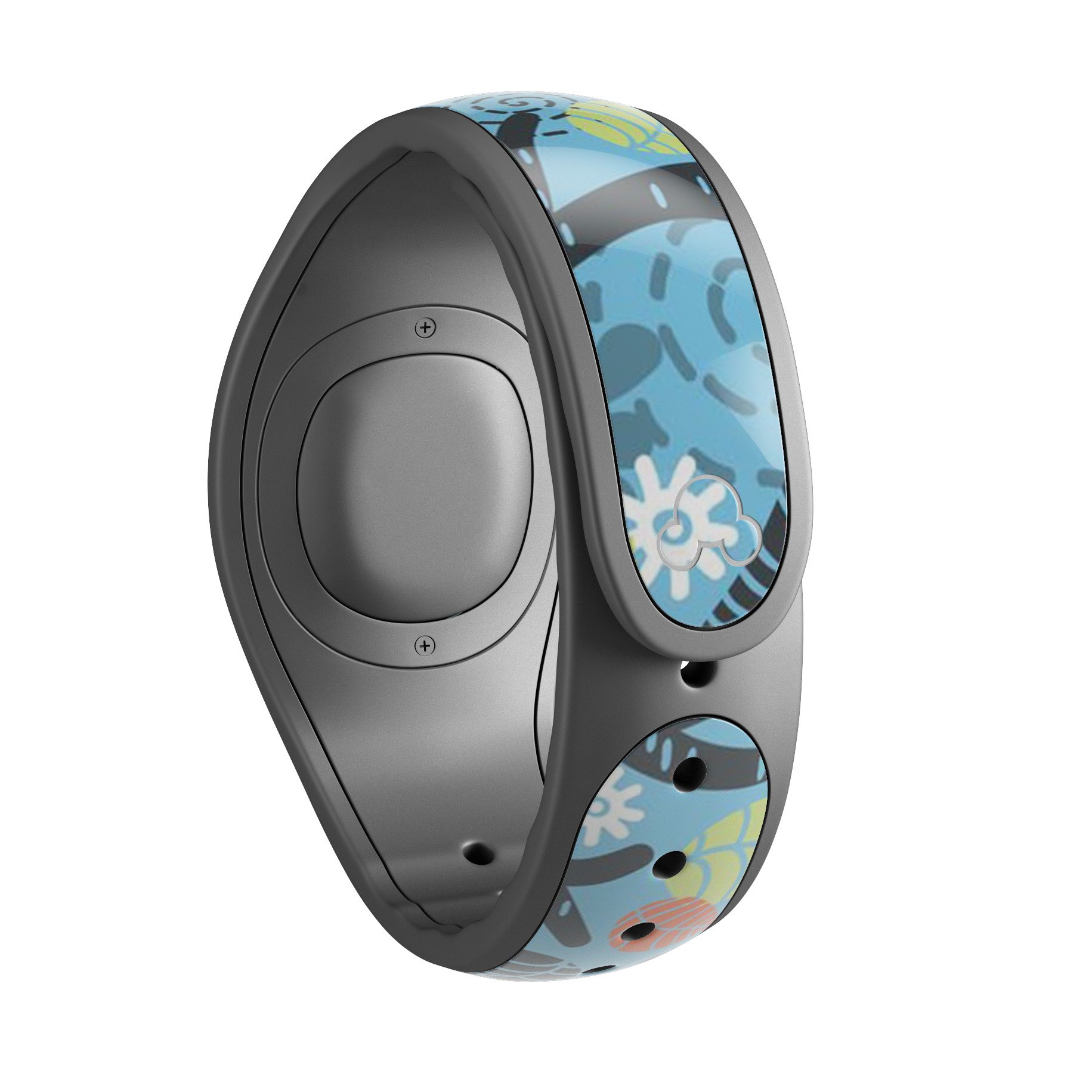 Blue and black decal skin wrap featuring abstract big eyed owls, designed for Disney Magic Band, showcasing vibrant colors and intricate details.