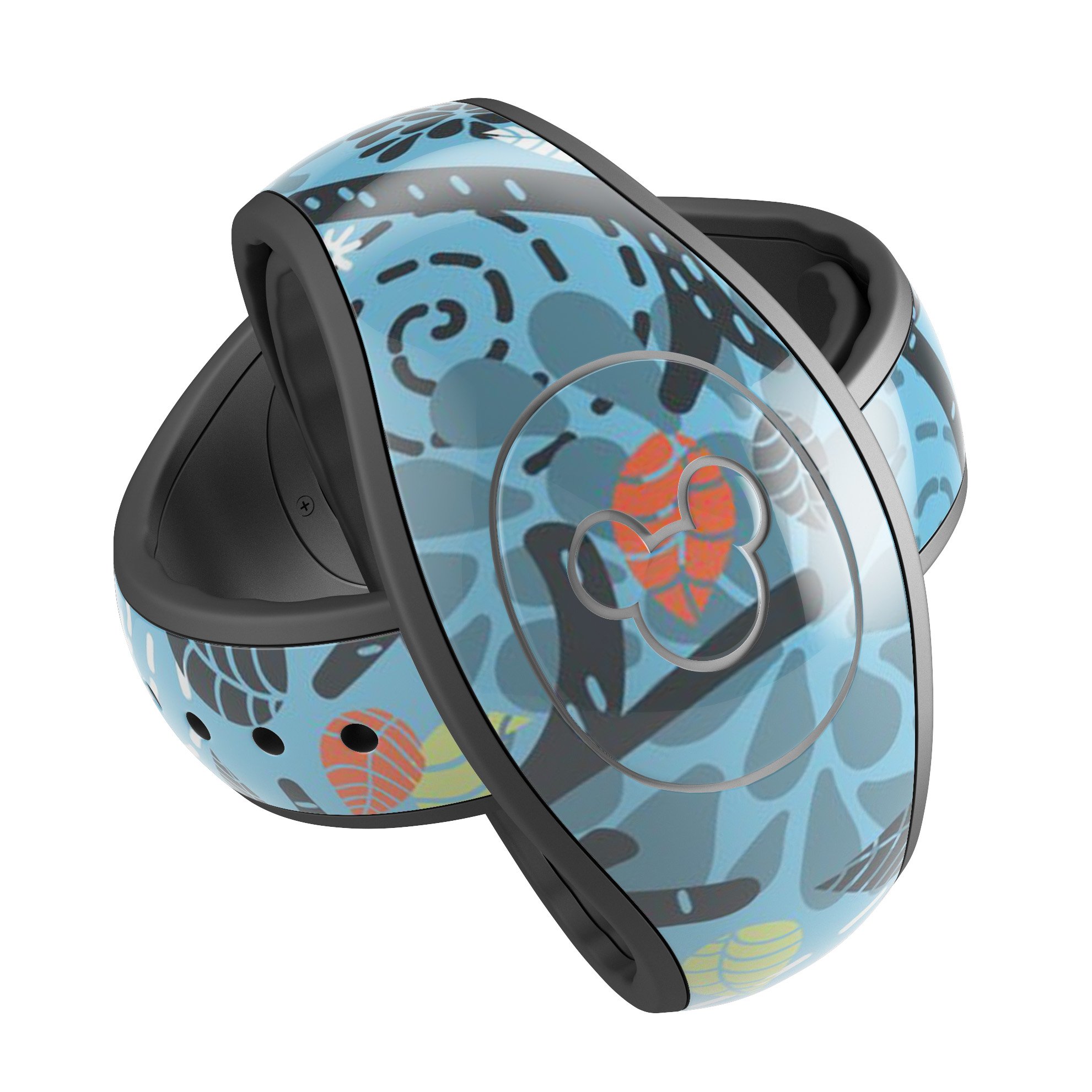 Blue and black decal skin wrap featuring abstract big eyed owls, designed for Disney Magic Band, showcasing vibrant colors and intricate details.