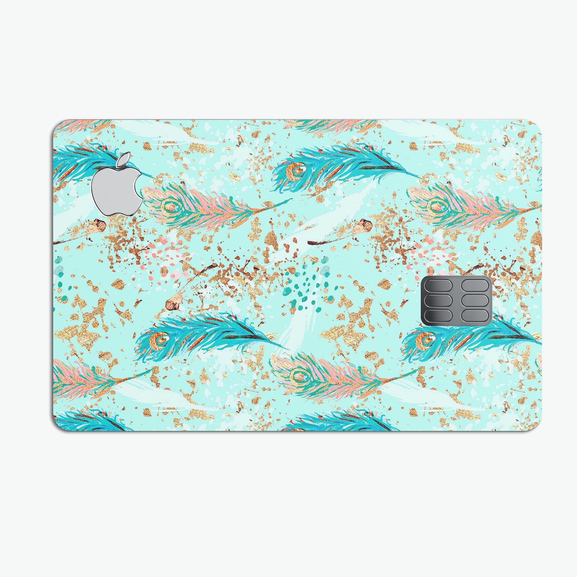 Blue and coral feather design protective decal for Apple Card, featuring teal strokes for added style and protection.