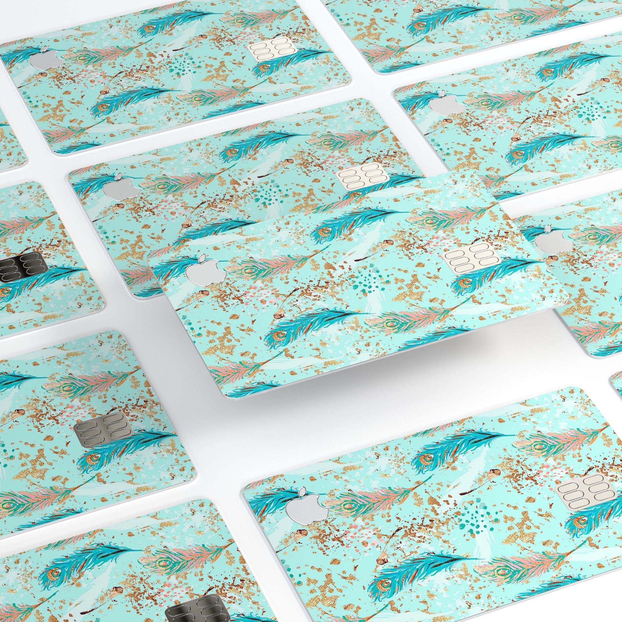 Blue and coral feather design protective decal for Apple Card, featuring teal strokes for added style and protection.