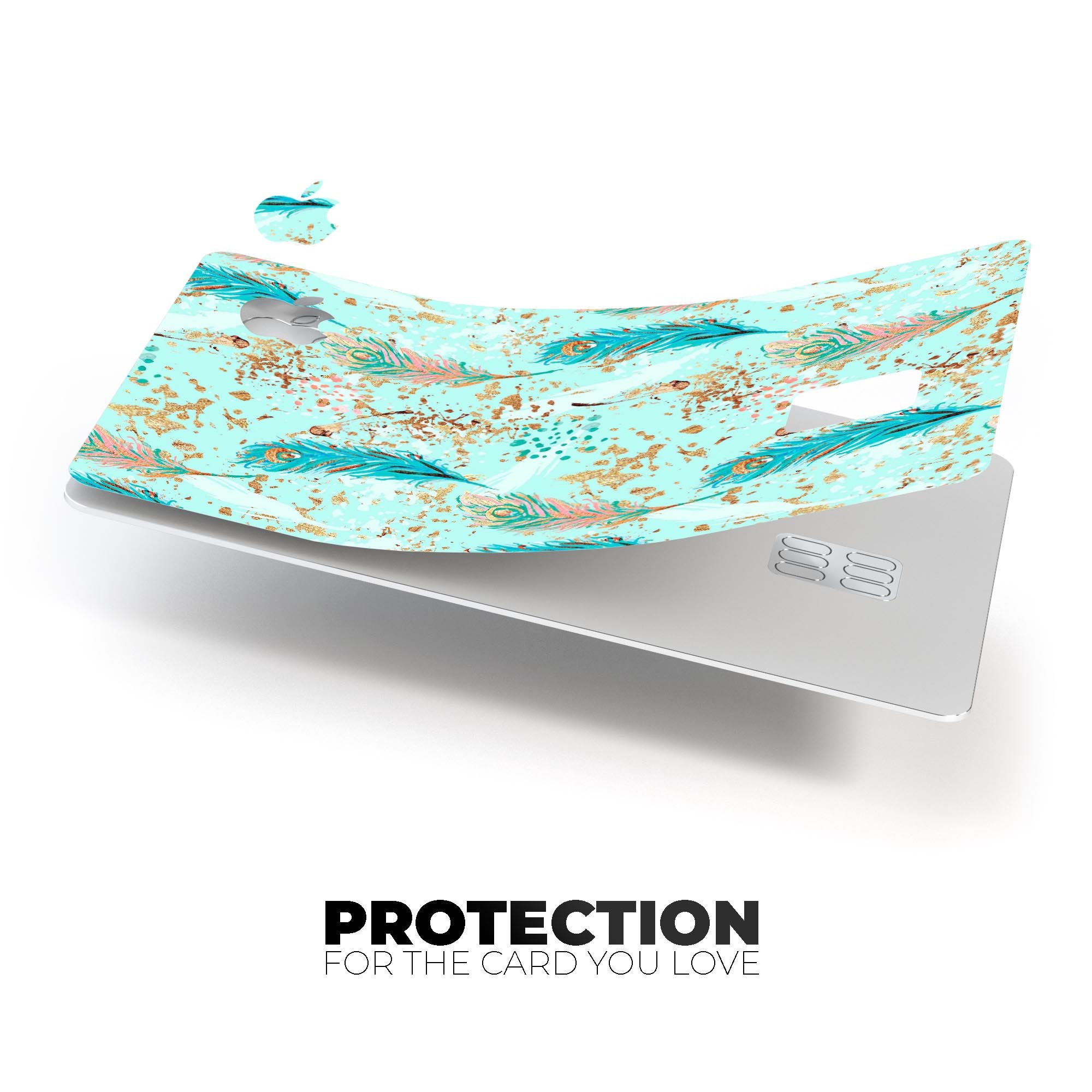 Blue and coral feather design protective decal for Apple Card, featuring teal strokes for added style and protection.