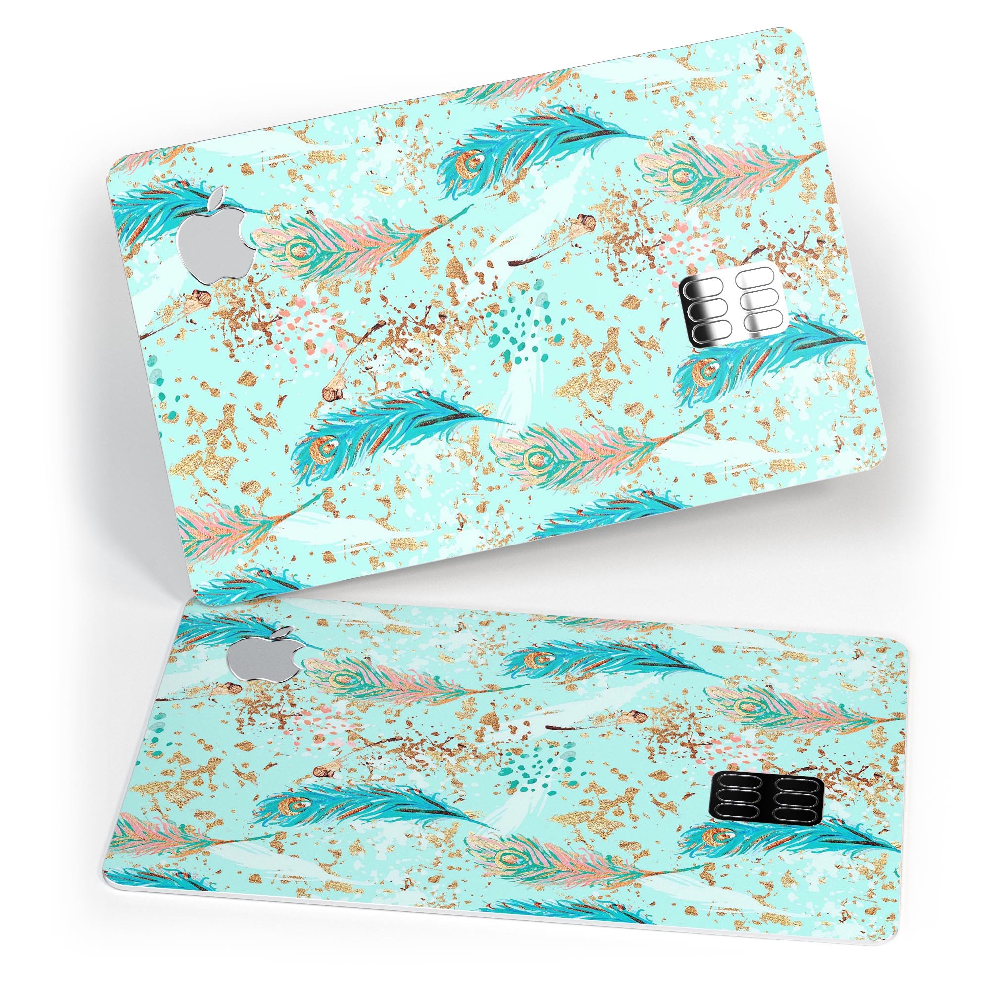 Blue and coral feather design protective decal for Apple Card, featuring teal strokes for added style and protection.