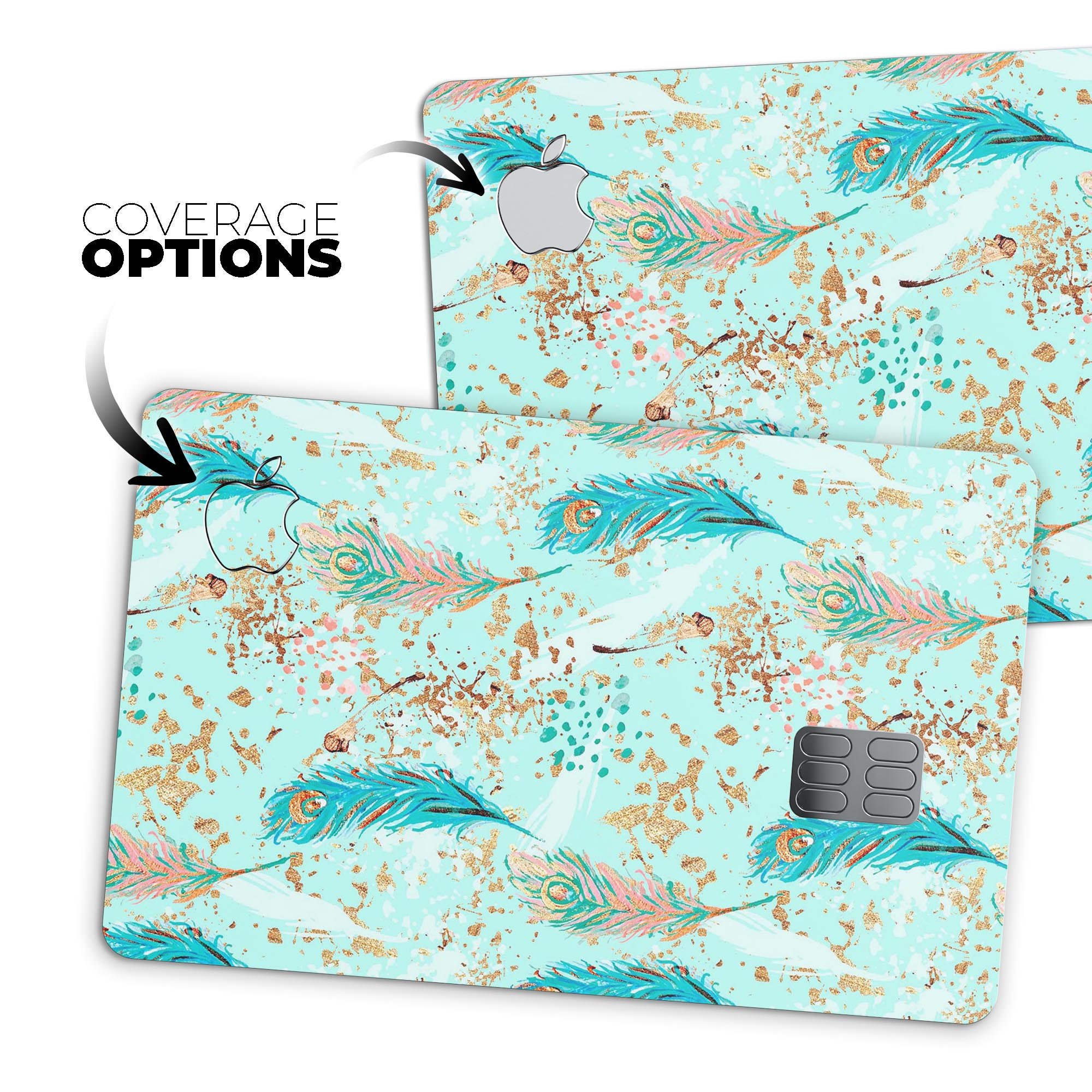 Blue and coral feather design protective decal for Apple Card, featuring teal strokes for added style and protection.