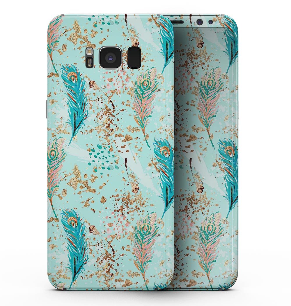 Samsung Galaxy S8 with Blue and Coral Feathers design skin over teal strokes, showcasing vibrant colors and stylish pattern.