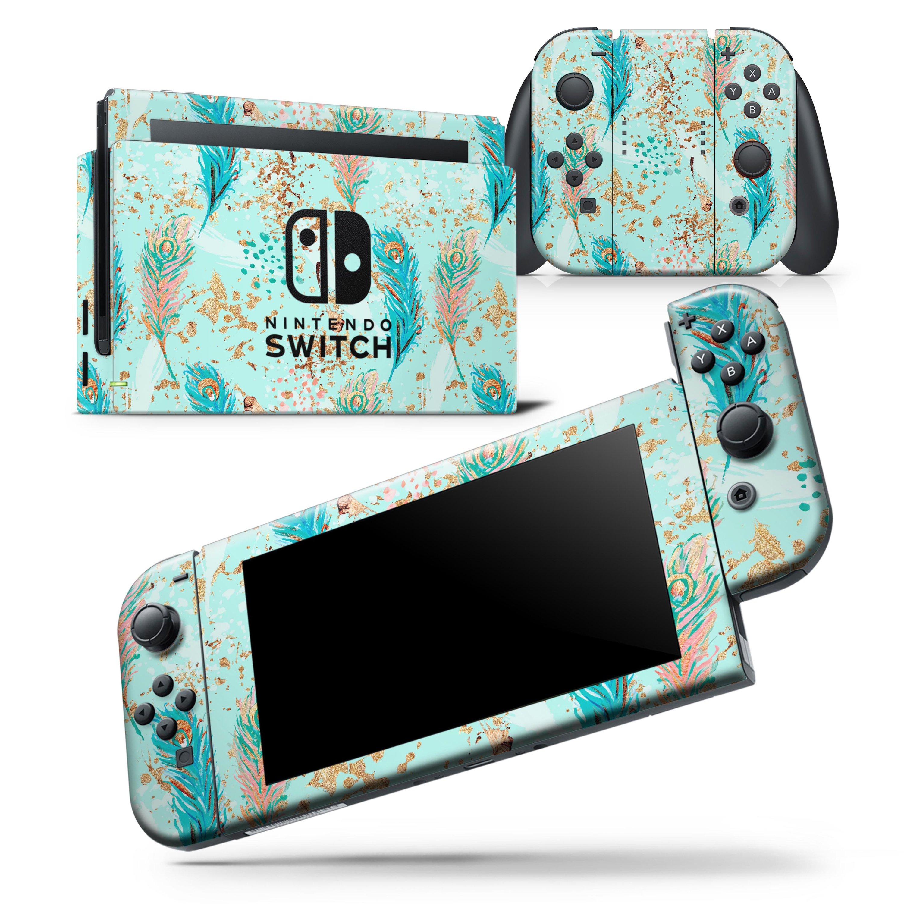 Blue and coral feather design skin wrap decal for Nintendo Switch, showcasing vibrant colors and a sleek fit.