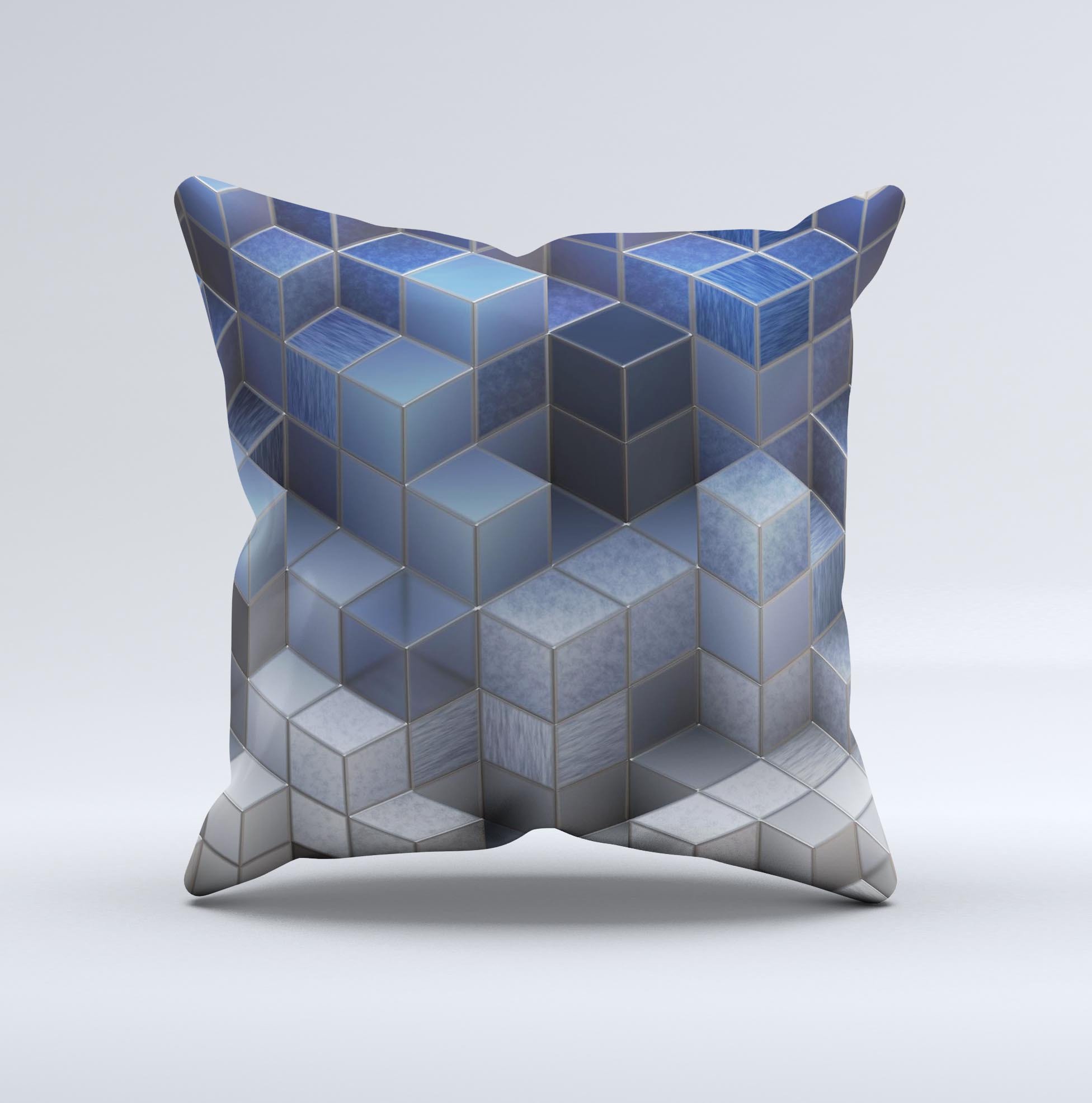 Blue and Gray 3D Cubes decorative throw pillow showcasing a unique handcrafted design with a soft poly/cotton fabric.