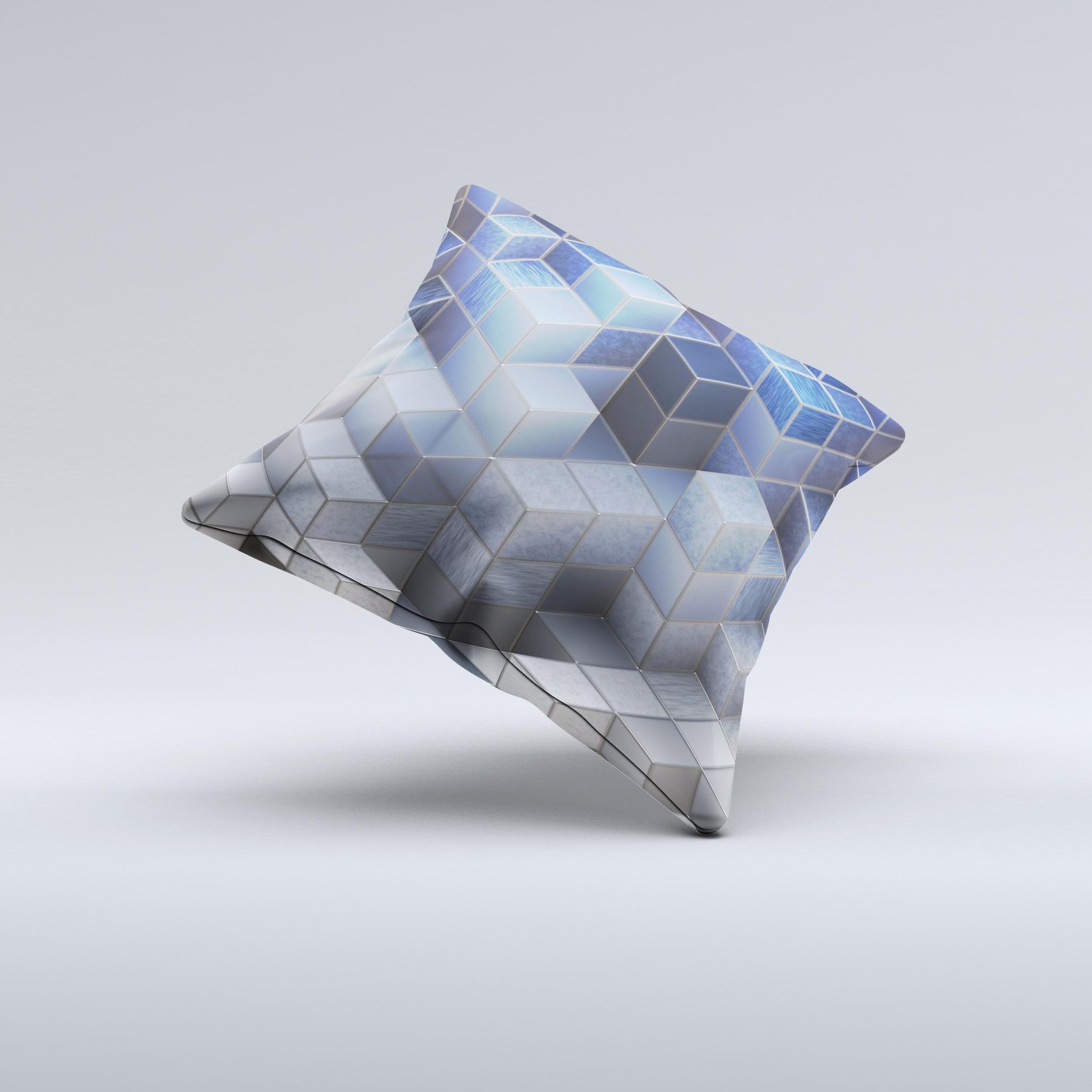 Blue and Gray 3D Cubes decorative throw pillow showcasing a unique handcrafted design with a soft poly/cotton fabric.