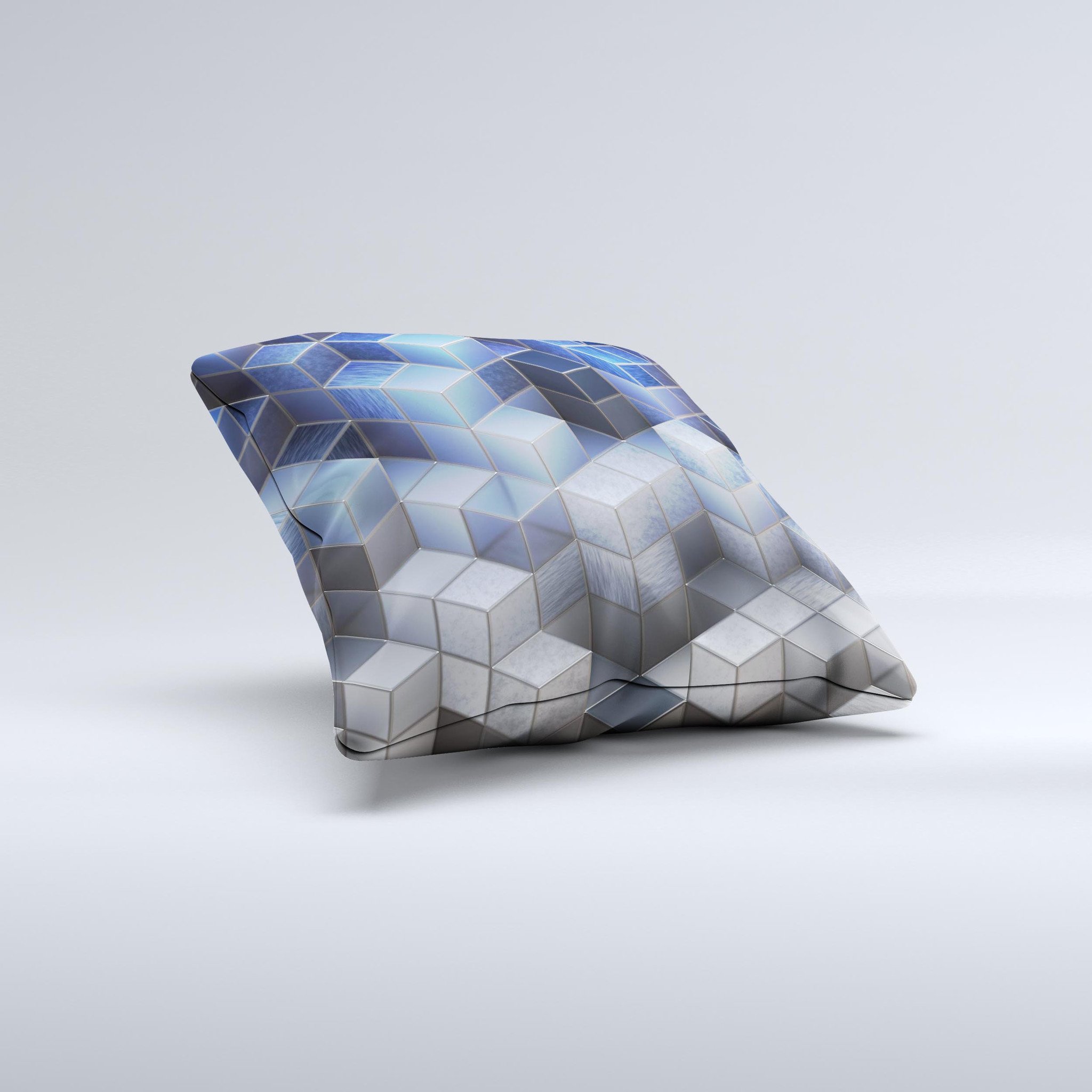 Blue and Gray 3D Cubes decorative throw pillow showcasing a unique handcrafted design with a soft poly/cotton fabric.