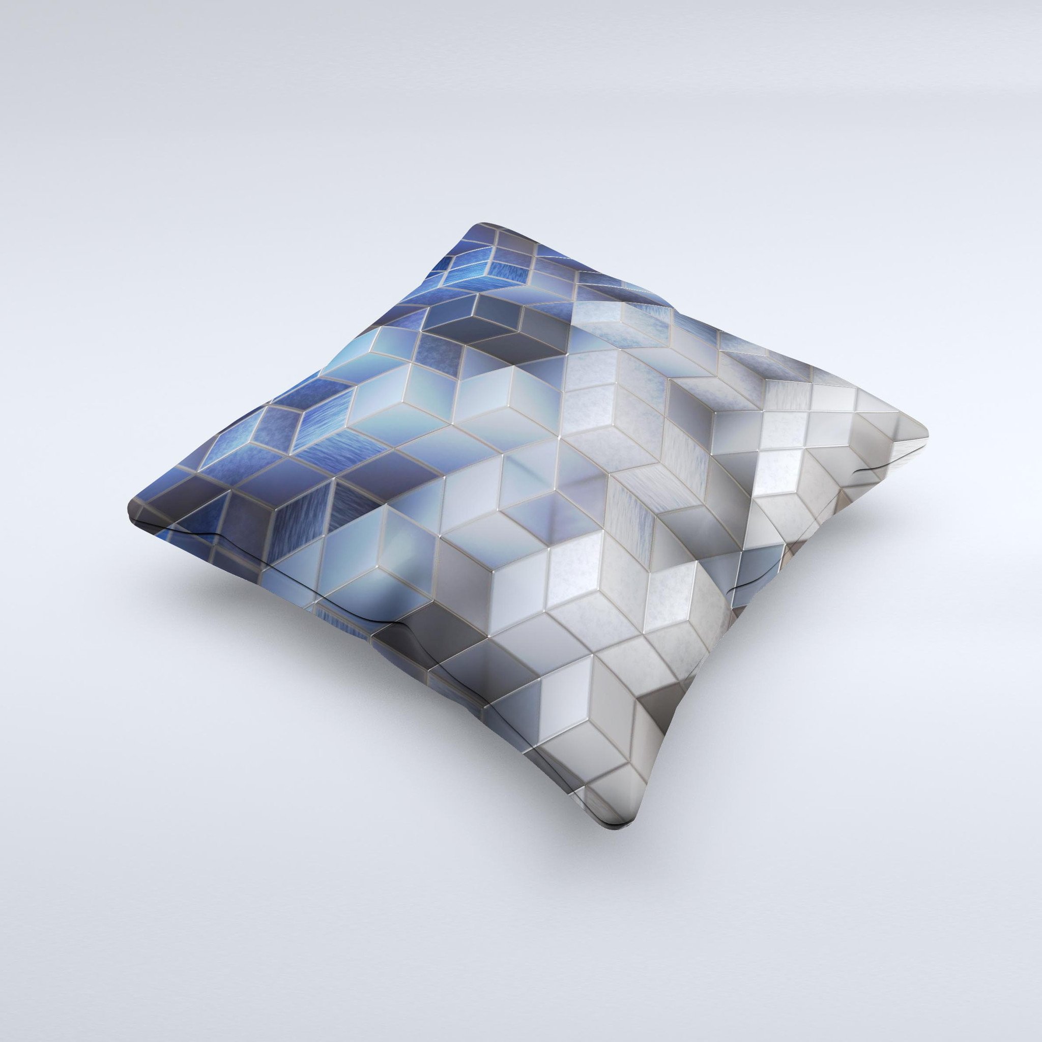 Blue and Gray 3D Cubes decorative throw pillow showcasing a unique handcrafted design with a soft poly/cotton fabric.