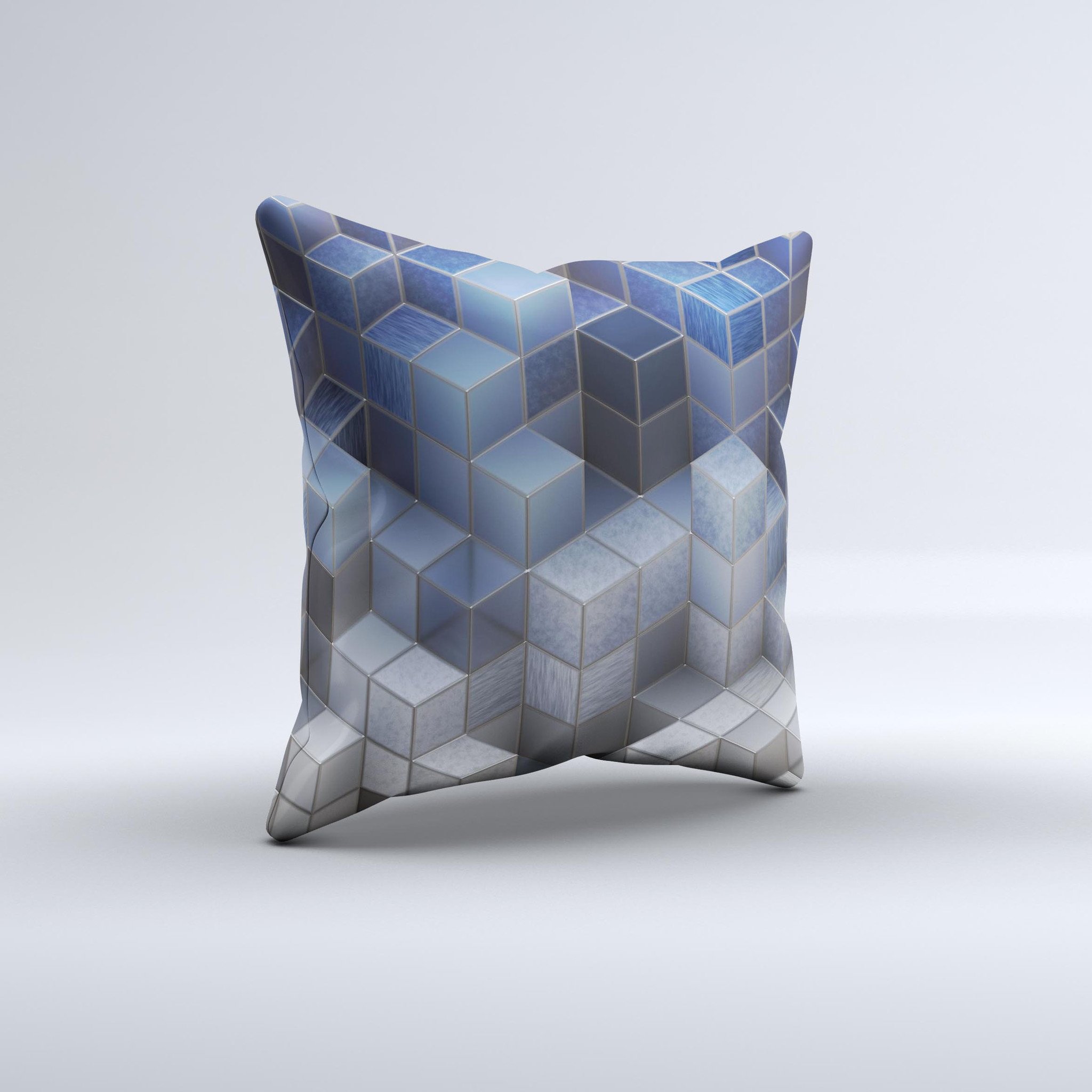 Blue and Gray 3D Cubes decorative throw pillow showcasing a unique handcrafted design with a soft poly/cotton fabric.