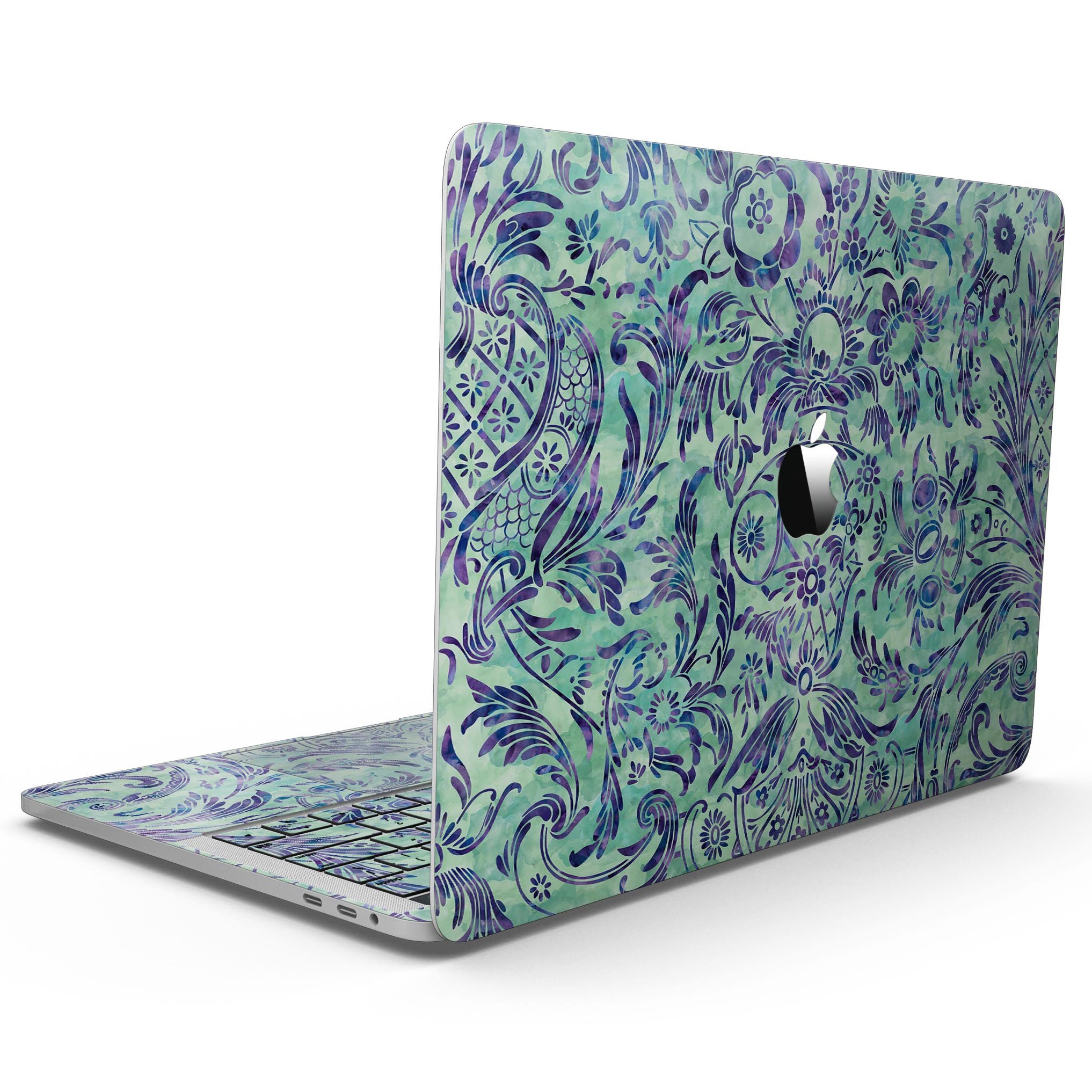 Blue and green damask watercolor pattern skin for MacBook Pro with Touch Bar, showcasing vibrant colors and intricate design.