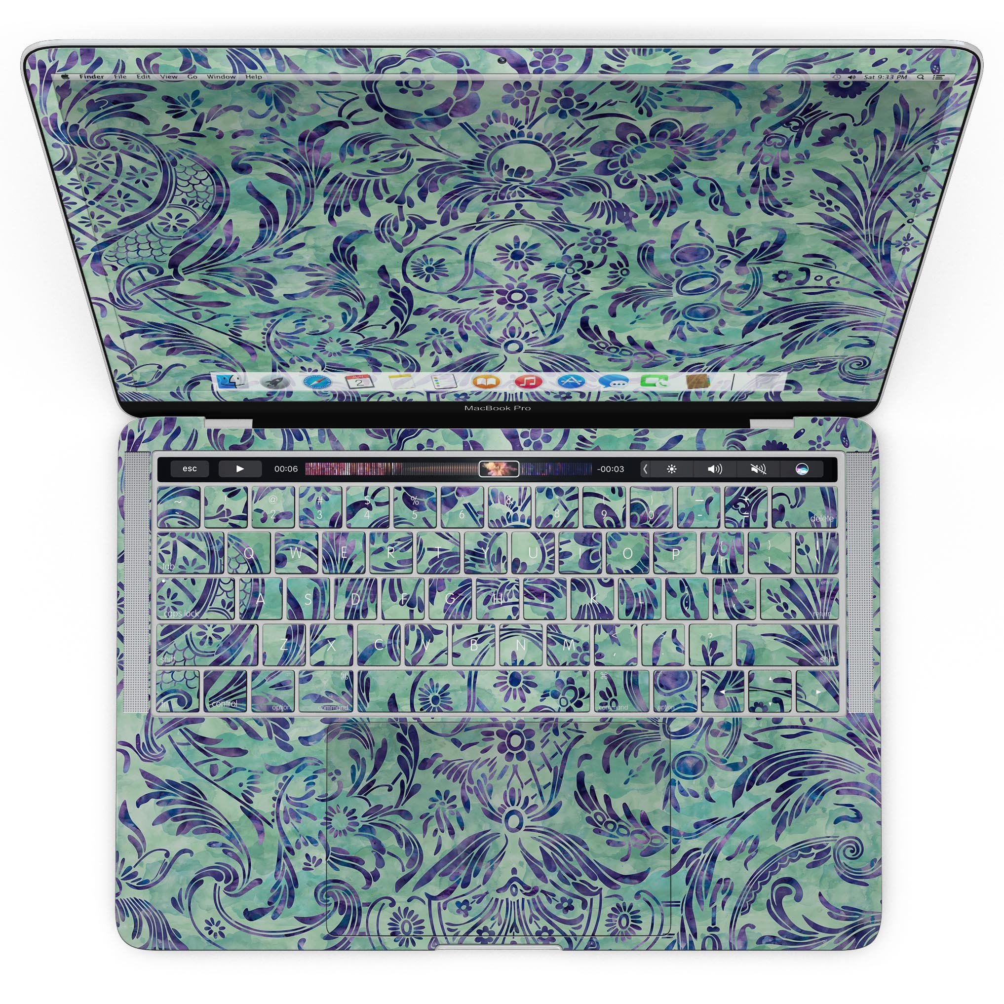 Blue and green damask watercolor pattern skin for MacBook Pro with Touch Bar, showcasing vibrant colors and intricate design.