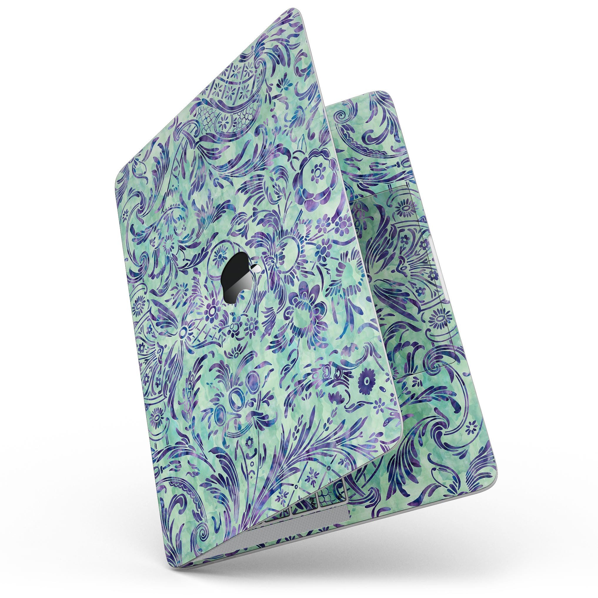 Blue and green damask watercolor pattern skin for MacBook Pro with Touch Bar, showcasing vibrant colors and intricate design.