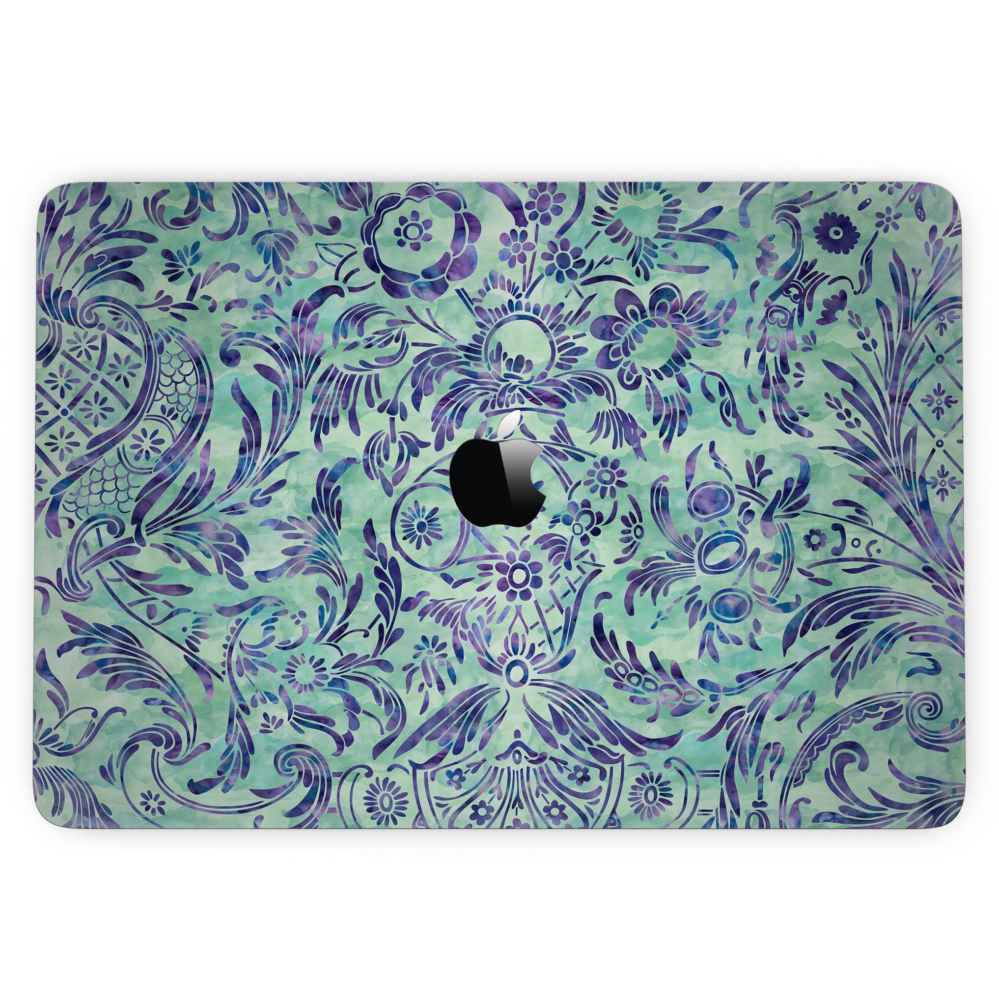 Blue and green damask watercolor pattern skin for MacBook Pro with Touch Bar, showcasing vibrant colors and intricate design.