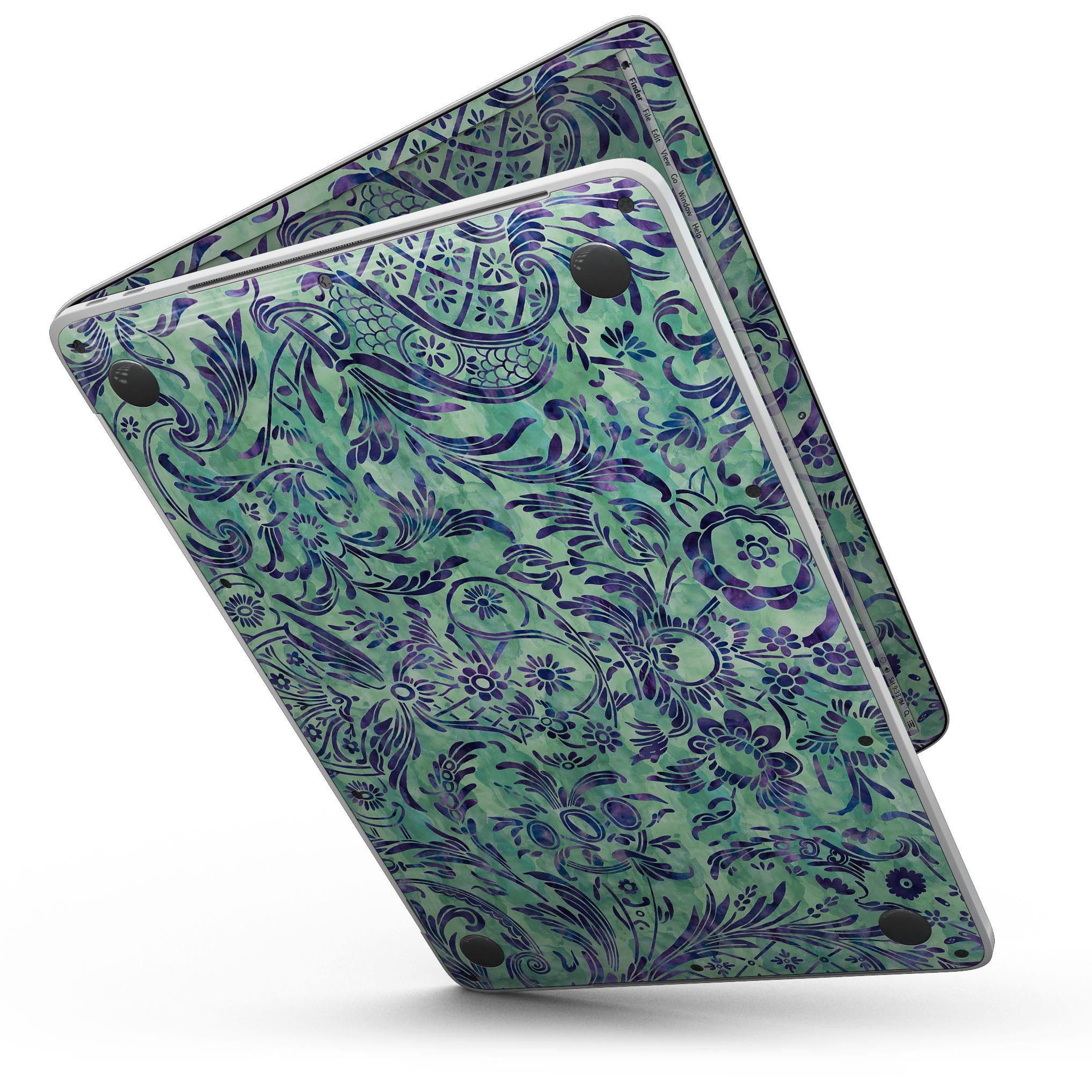 Blue and green damask watercolor pattern skin for MacBook Pro with Touch Bar, showcasing vibrant colors and intricate design.