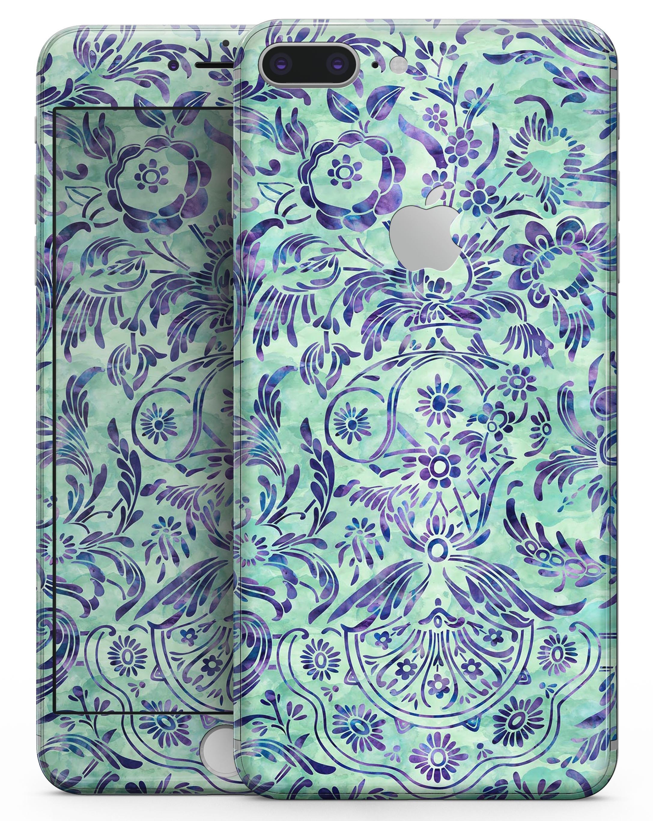 Blue and Green Damask Watercolor Pattern skin for iPhone 8, showcasing vibrant colors and intricate design.