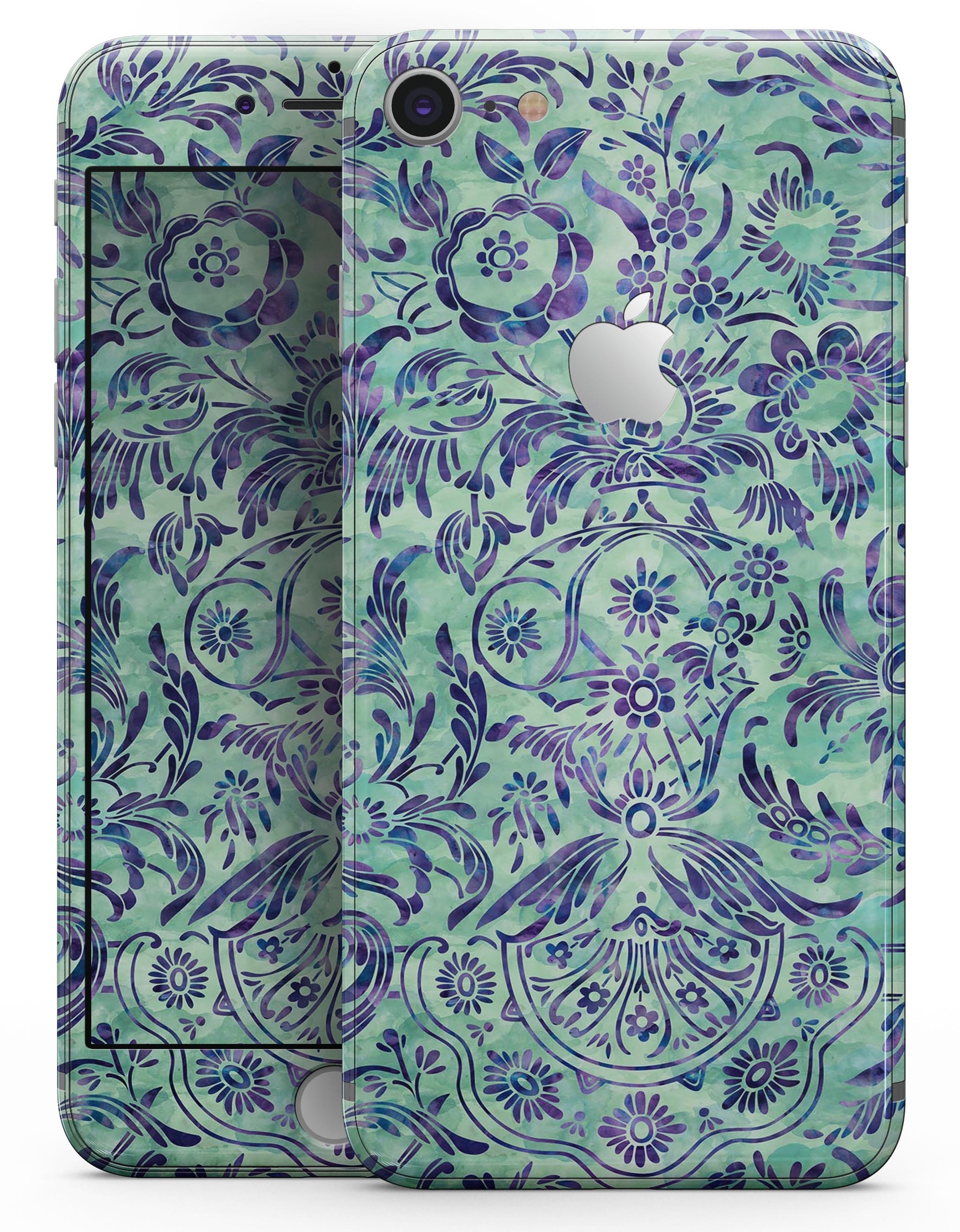 Blue and Green Damask Watercolor Pattern skin for iPhone 8, showcasing vibrant colors and intricate design.