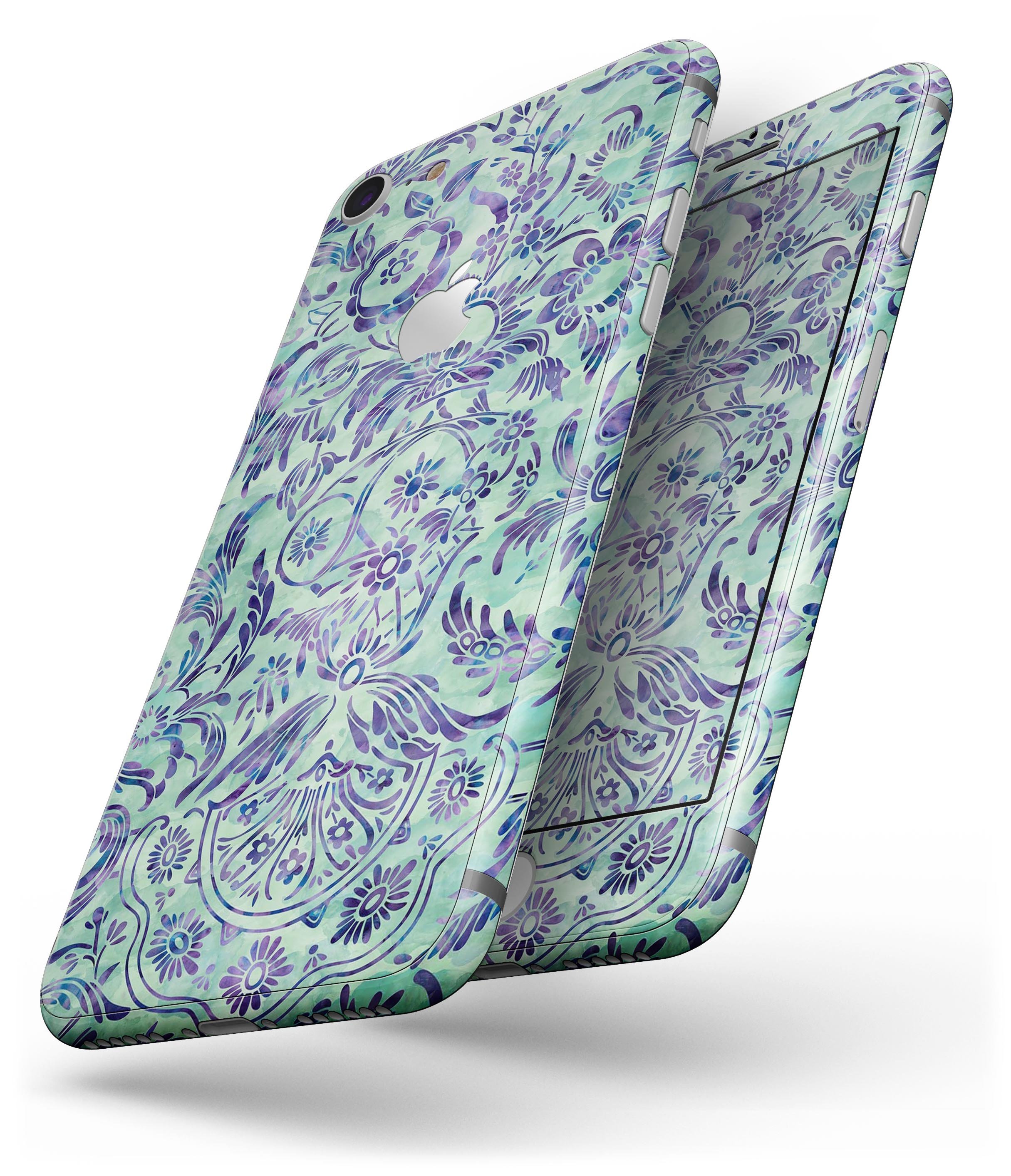 Blue and Green Damask Watercolor Pattern skin for iPhone 8, showcasing vibrant colors and intricate design.