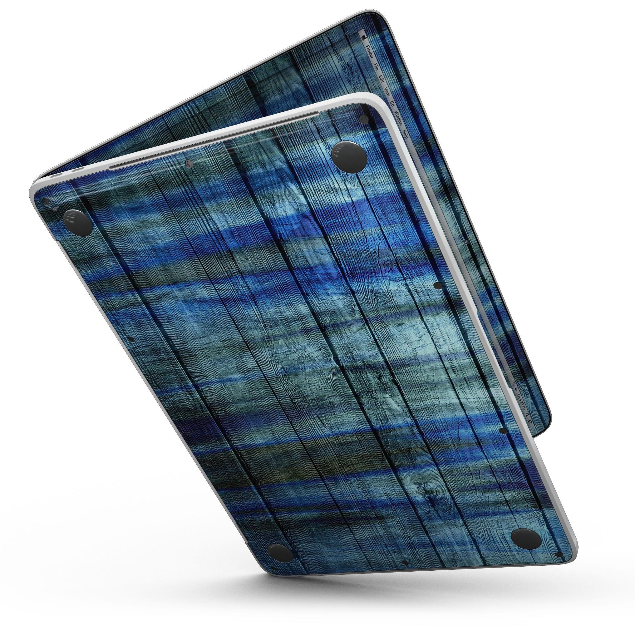 A vibrant Blue and Green Tye-Dyed Wood Skin for a 13" MacBook Pro without Touch Bar, showcasing its unique design and texture.