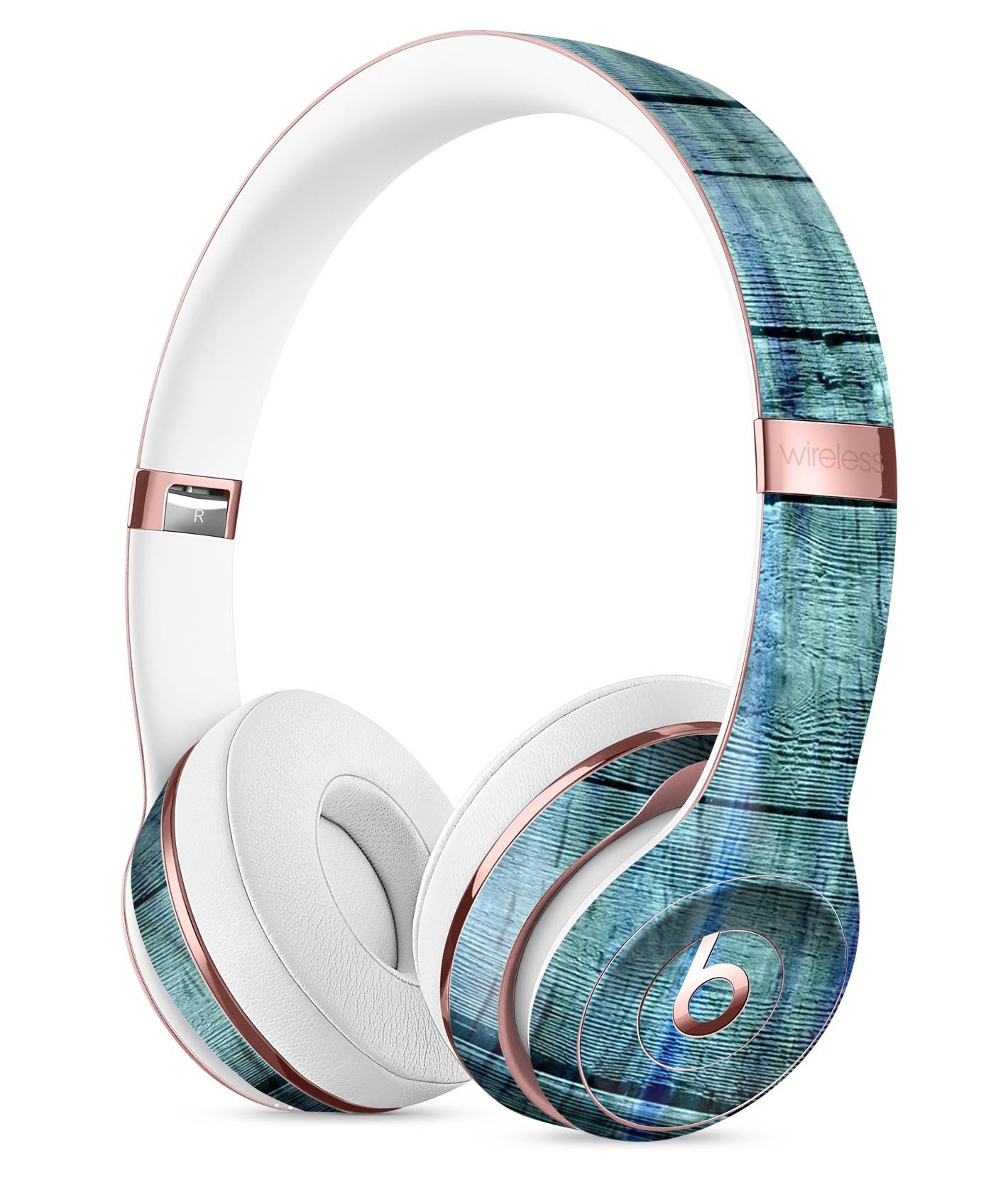 Blue and Green Tye-Dyed Wood Skin Kit for Beats by Dre Solo 3 Wireless Headphones, showcasing vibrant colors and premium vinyl material.