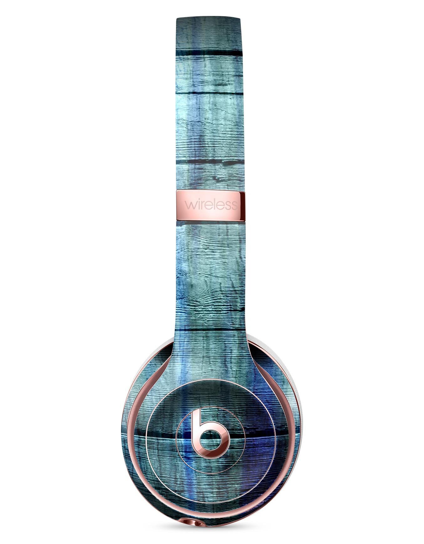 Blue and Green Tye-Dyed Wood Skin Kit for Beats by Dre Solo 3 Wireless Headphones, showcasing vibrant colors and premium vinyl material.