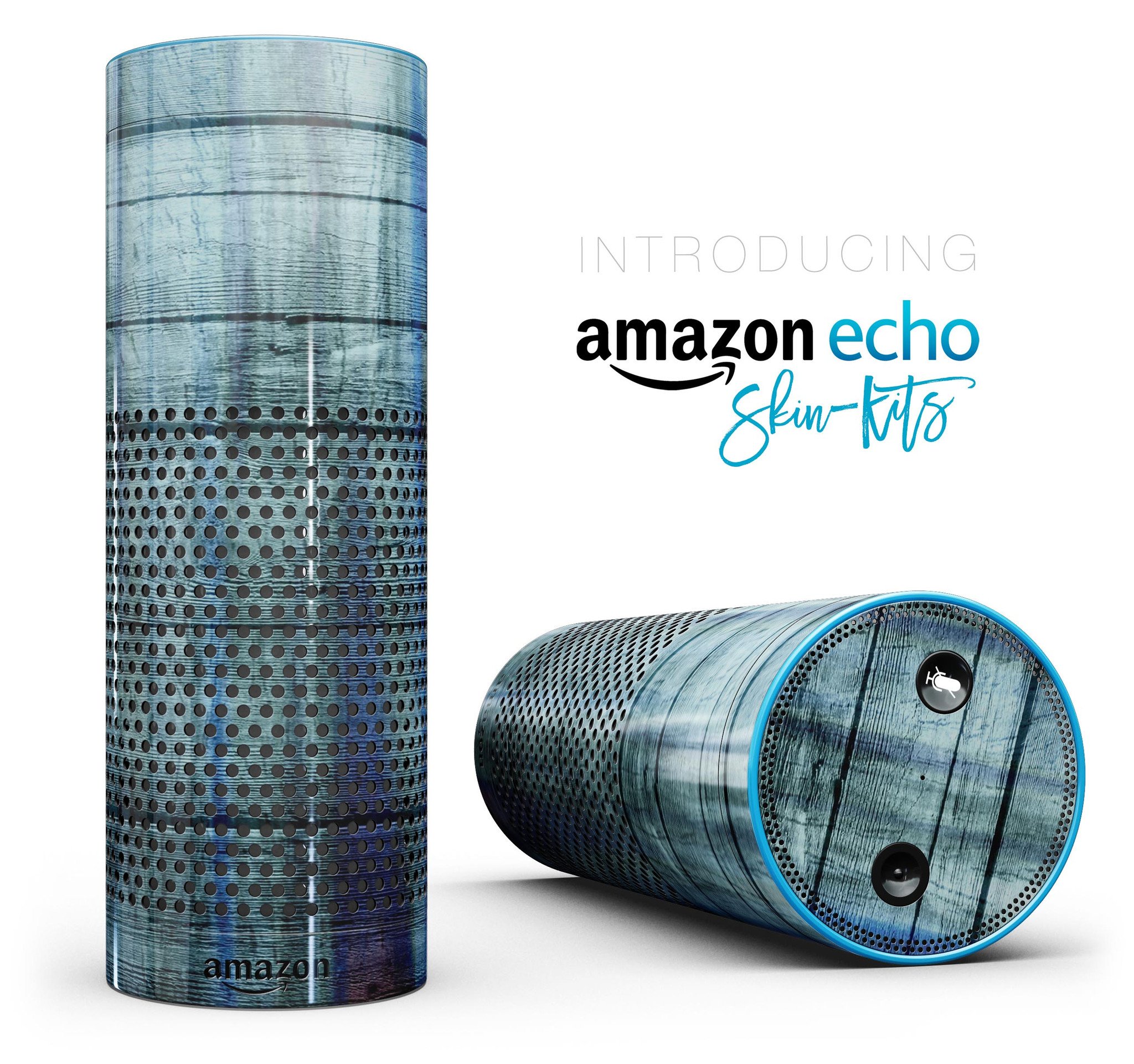 Blue and green tye-dyed skin-kit for Amazon Echo, showcasing vibrant colors and precise cutouts for buttons and ports.