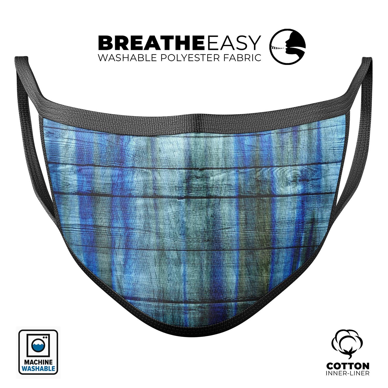 Blue and green tye-dyed reusable mouth cover made in the USA, featuring adjustable ear loops and soft cotton interior.