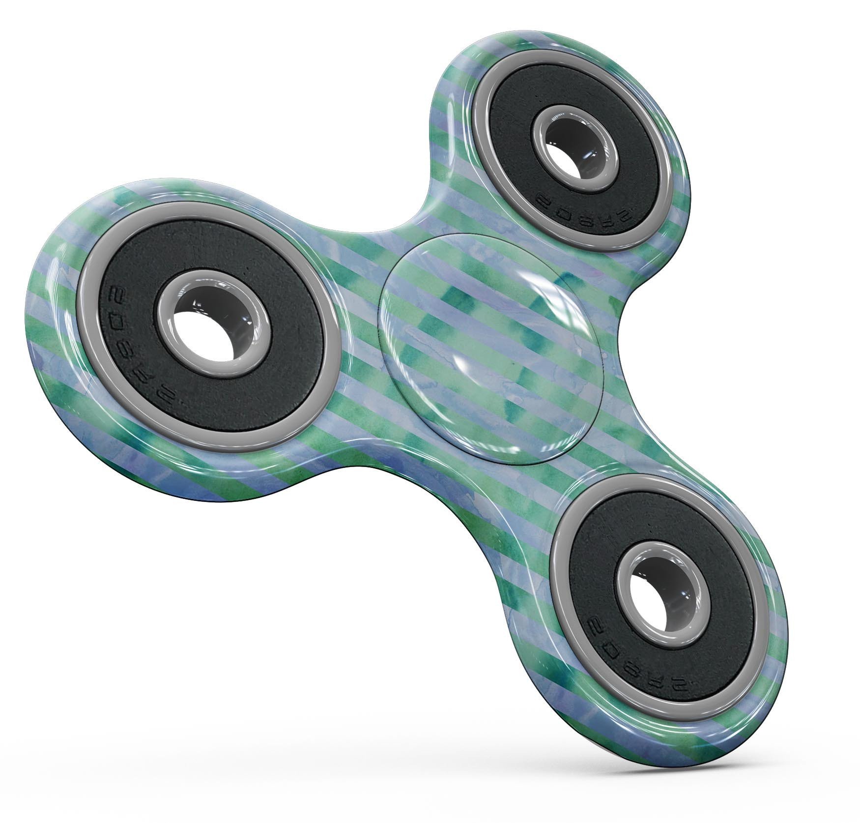 Blue and green watercolor stripes skin kit for fidget spinner, showcasing vibrant colors and a stylish design.