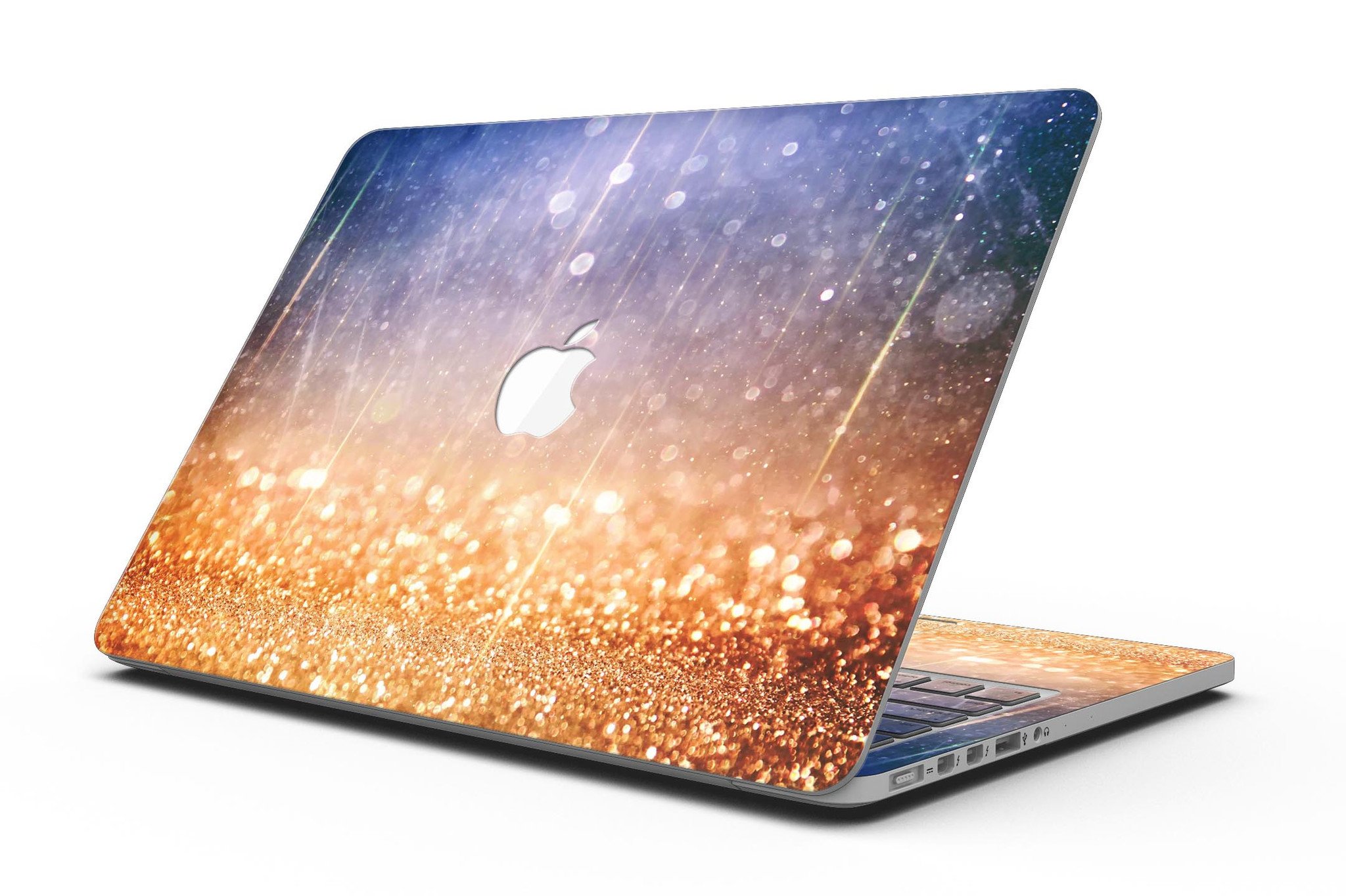 Blue and orange scratched surface skin for MacBook Pro, showcasing a vibrant design with glowing gold accents.