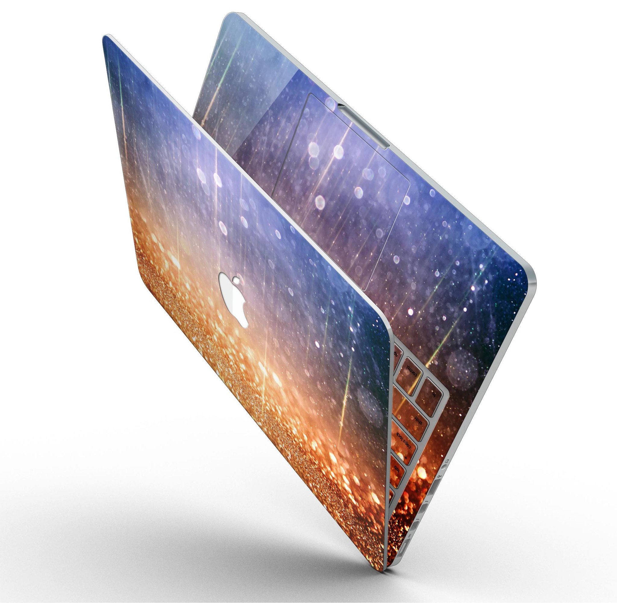 Blue and orange scratched surface skin for MacBook Pro, showcasing a vibrant design with glowing gold accents.