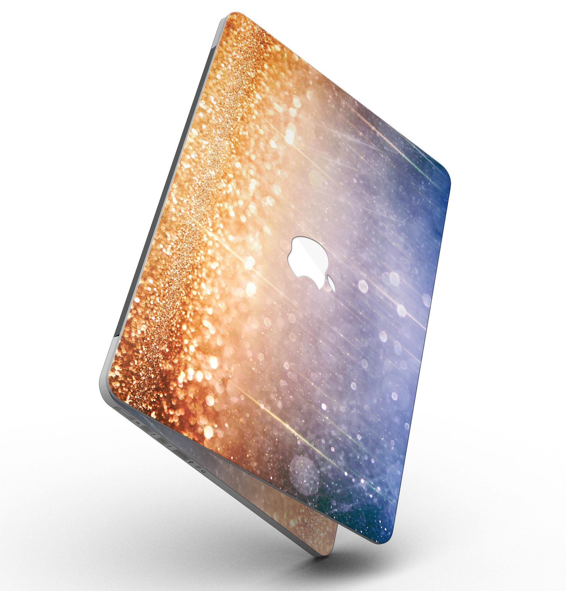 Blue and orange scratched surface skin for MacBook Pro, showcasing a vibrant design with glowing gold accents.