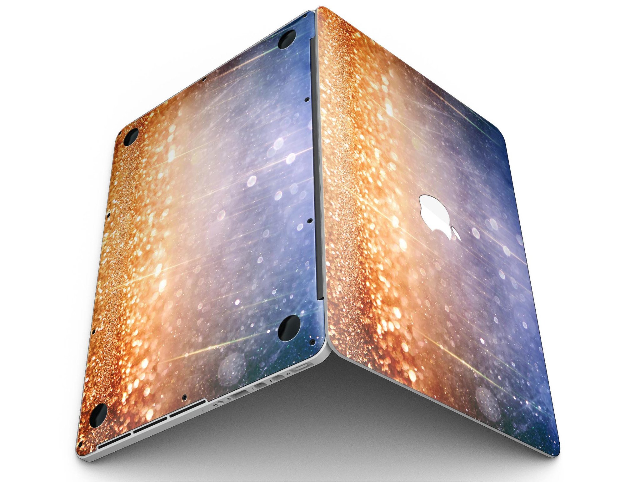 Blue and orange scratched surface skin for MacBook Pro, showcasing a vibrant design with glowing gold accents.