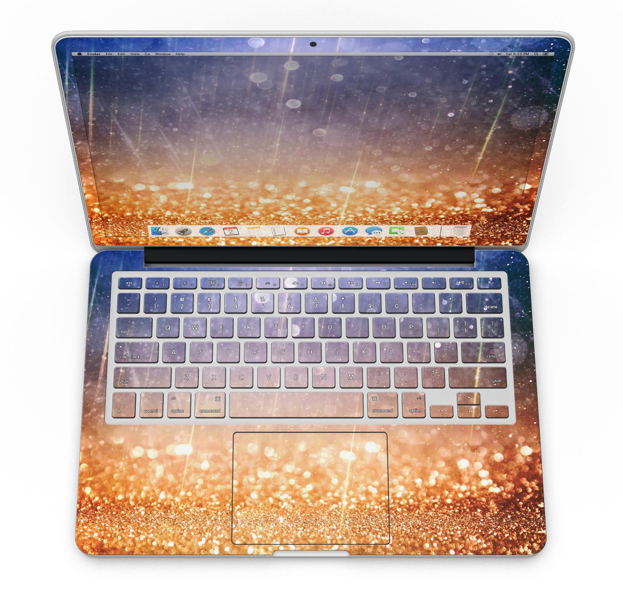 Blue and orange scratched surface skin for MacBook Pro, showcasing a vibrant design with glowing gold accents.