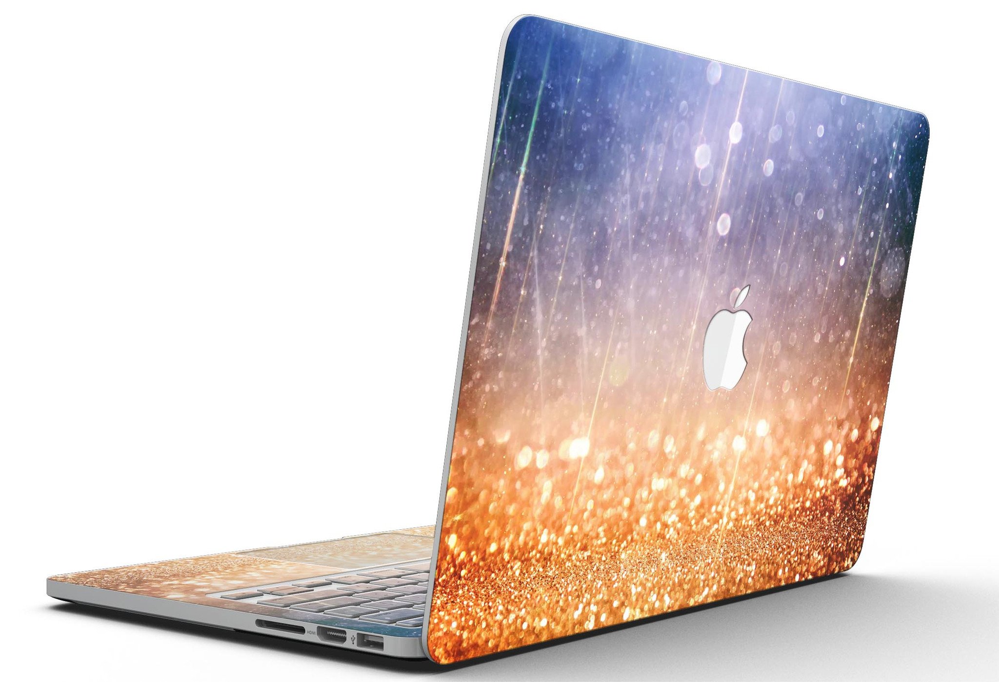 Blue and orange scratched surface skin for MacBook Pro, showcasing a vibrant design with glowing gold accents.