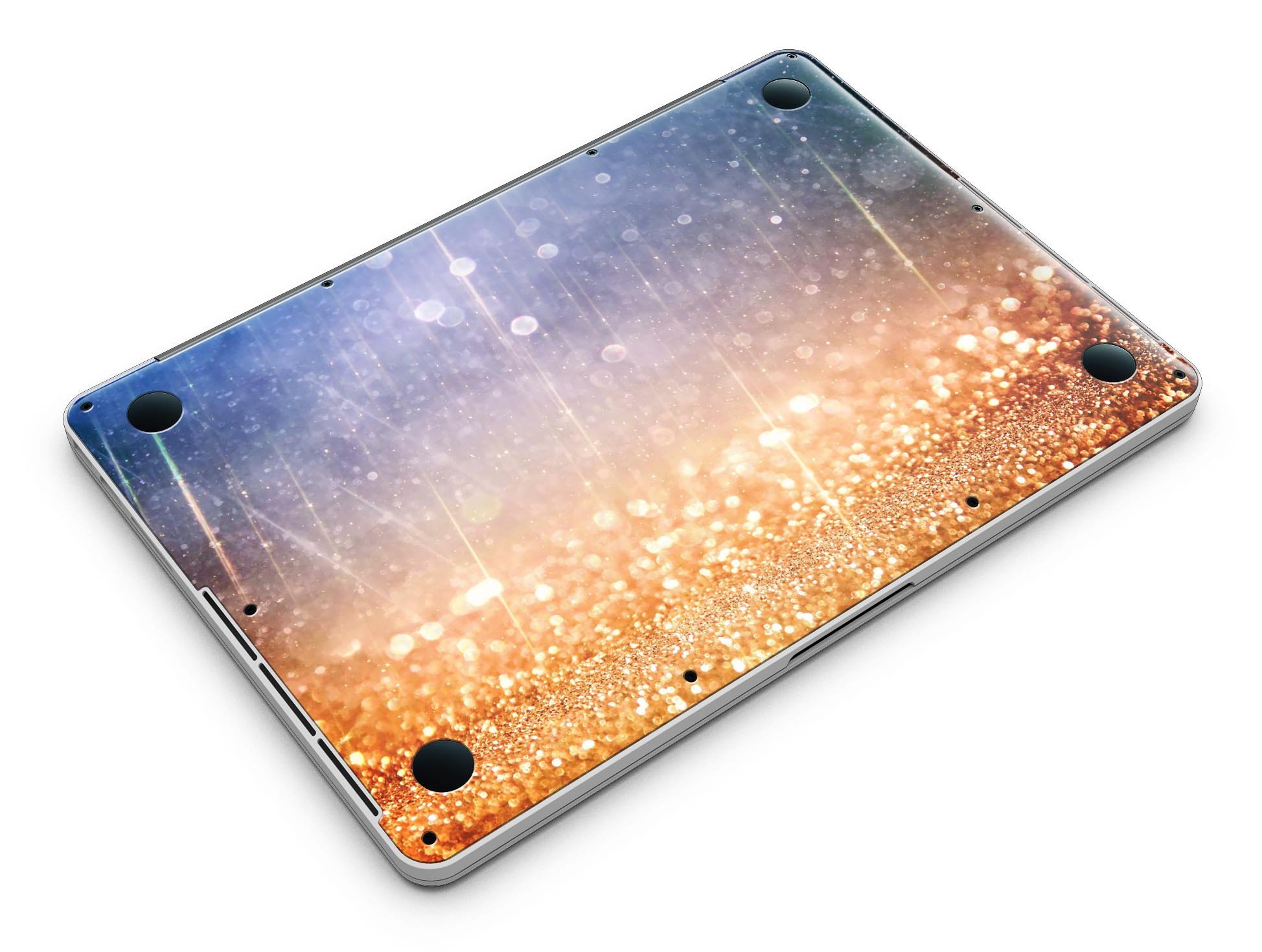 Blue and orange scratched surface skin for MacBook Pro, showcasing a vibrant design with glowing gold accents.