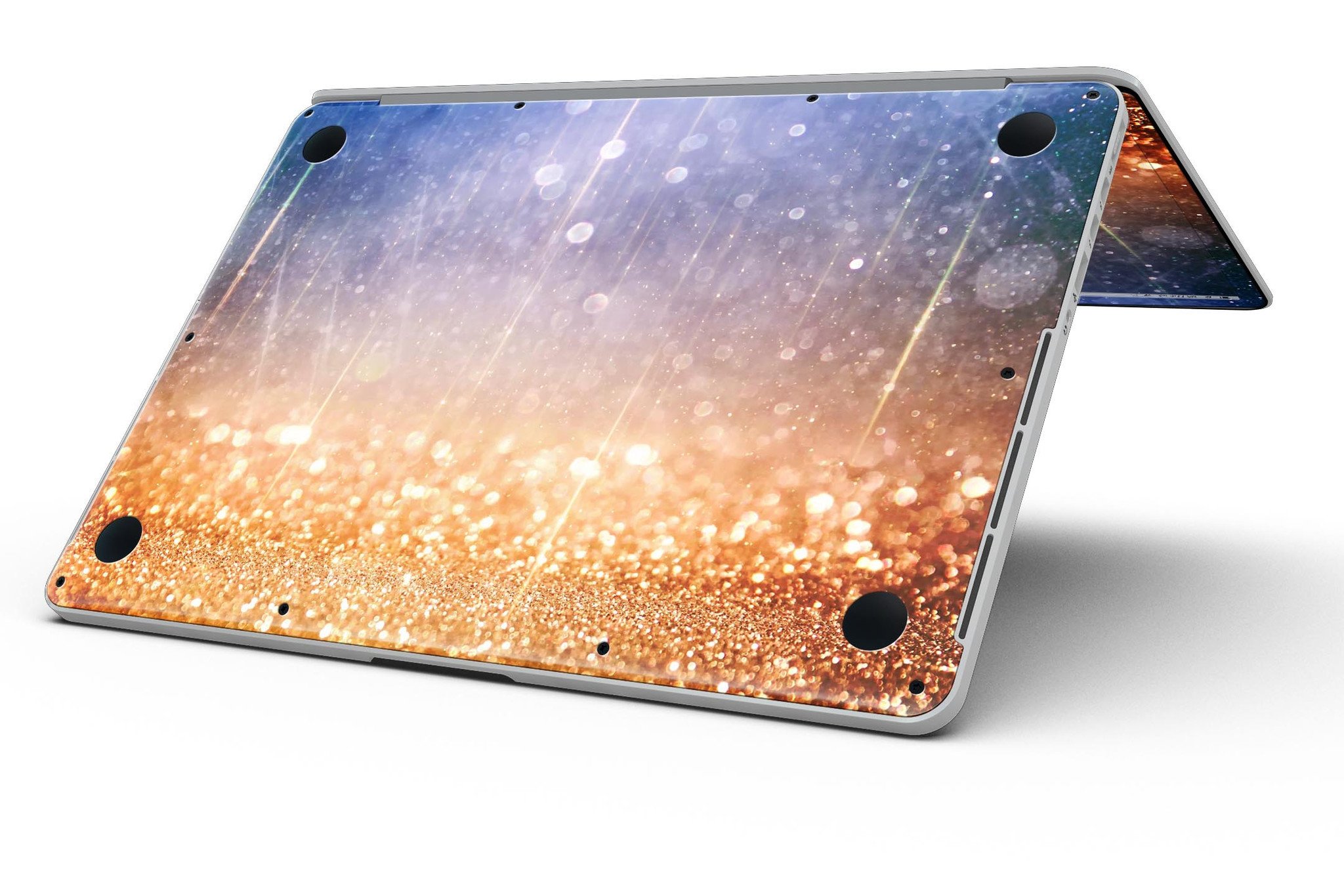 Blue and orange scratched surface skin for MacBook Pro, showcasing a vibrant design with glowing gold accents.