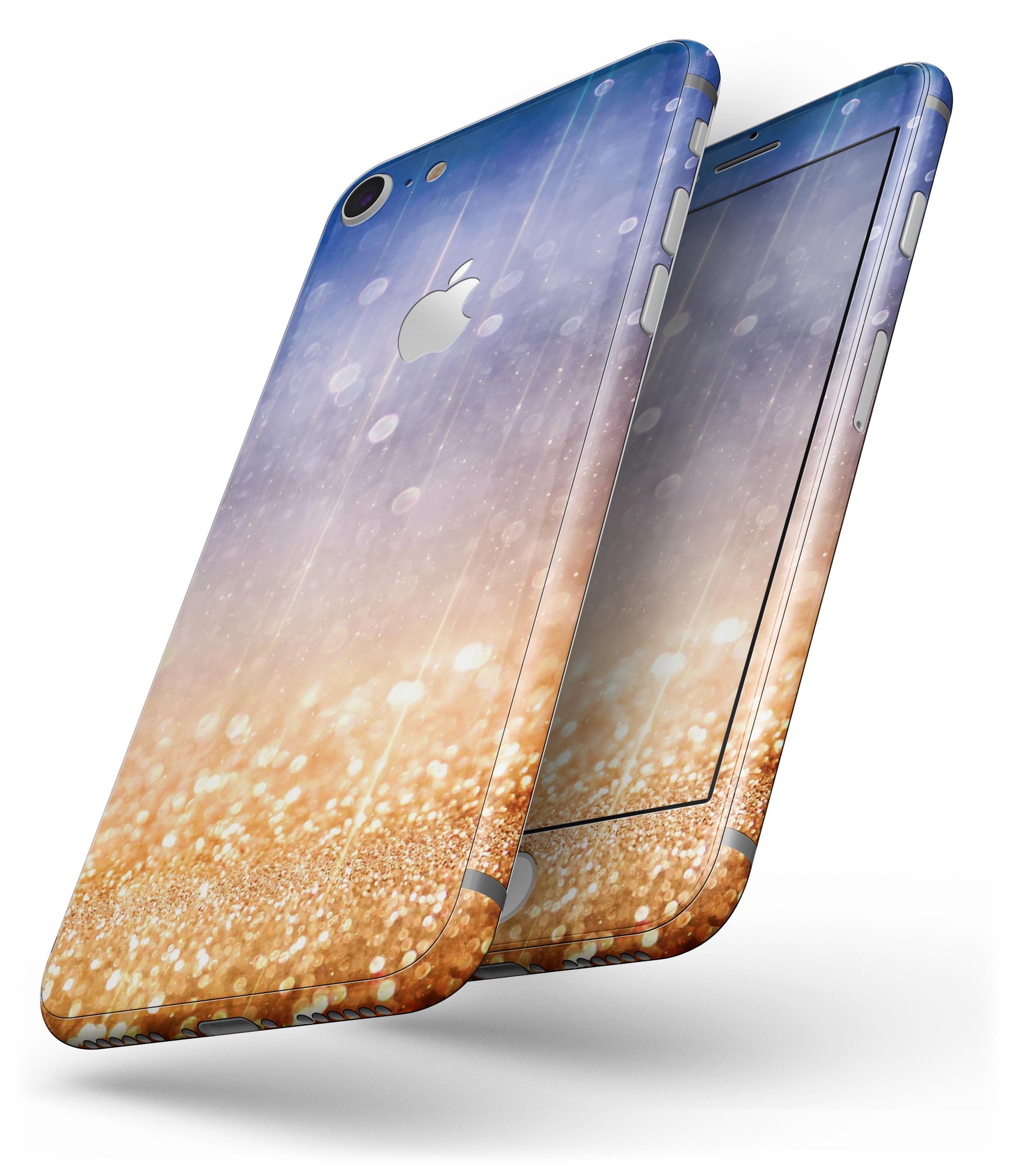 Blue and orange scratched surface skin for iPhone 8 and 8 Plus with glowing gold accents, showcasing a stylish design.