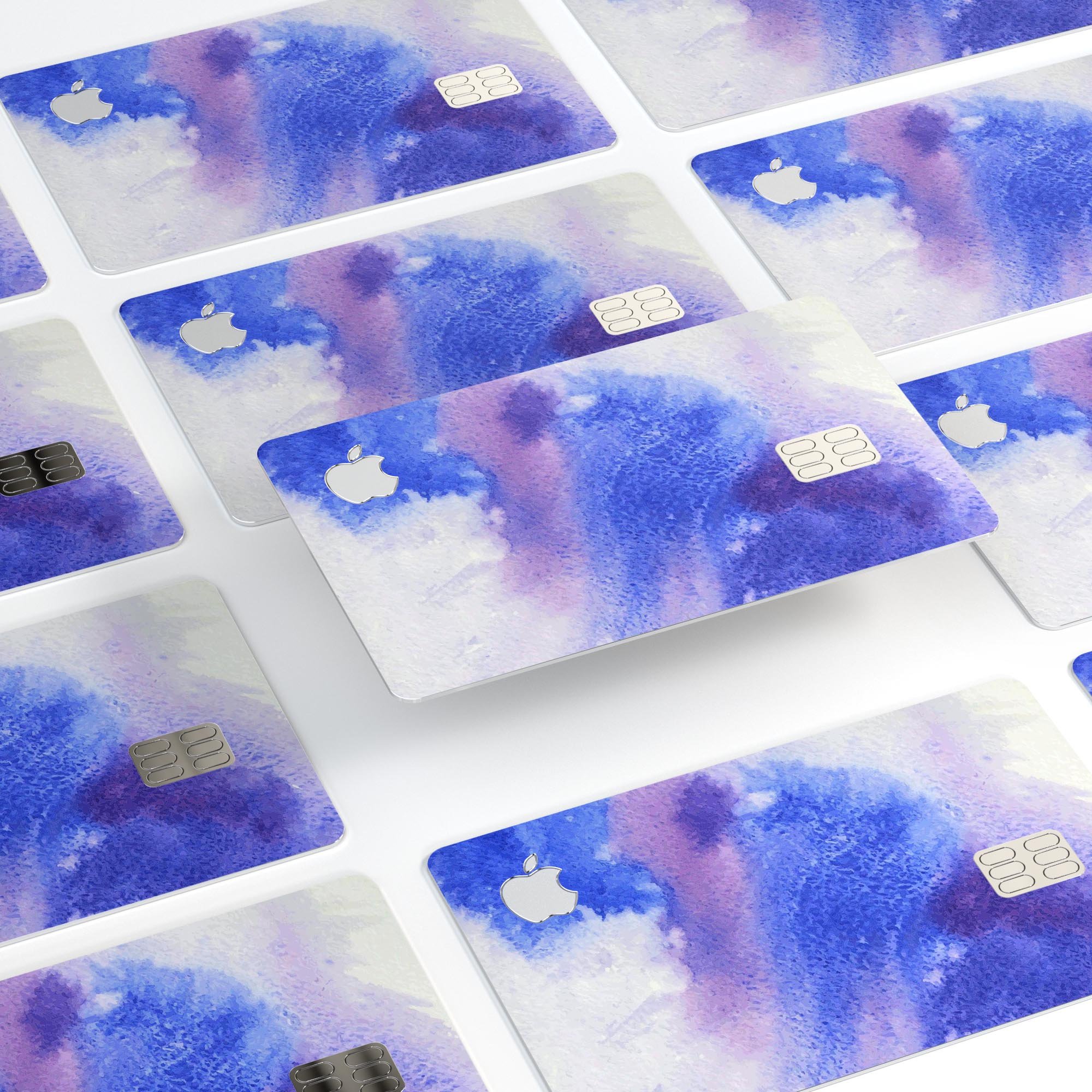 Blue and Pink Watercolor Spill decal skin for Apple Card, showcasing vibrant colors and a protective design.