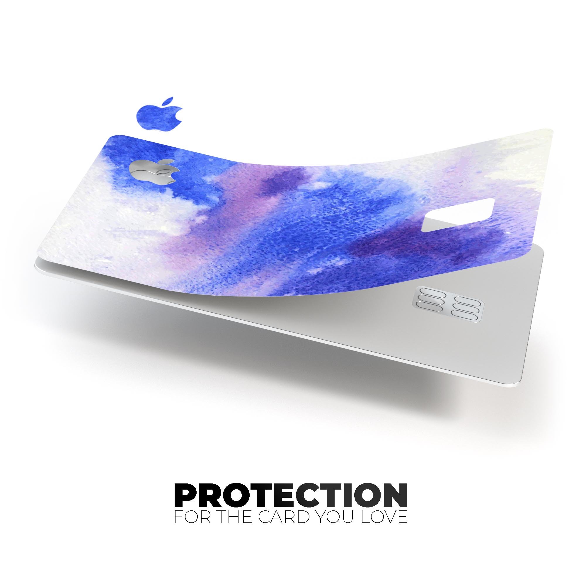 Blue and Pink Watercolor Spill decal skin for Apple Card, showcasing vibrant colors and a protective design.