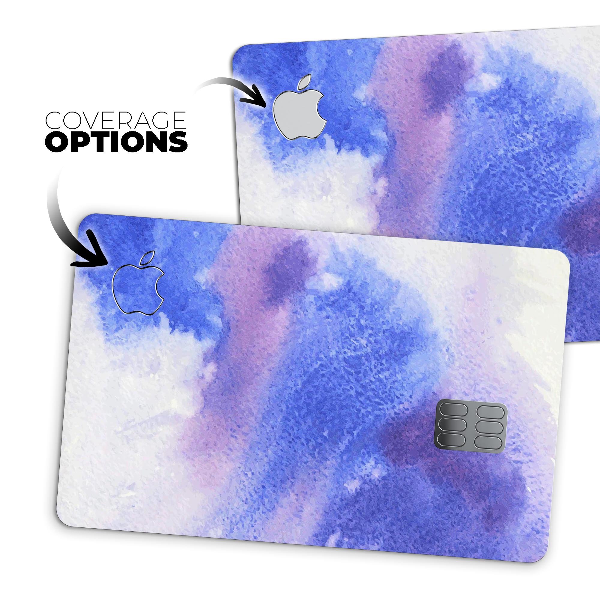 Blue and Pink Watercolor Spill decal skin for Apple Card, showcasing vibrant colors and a protective design.