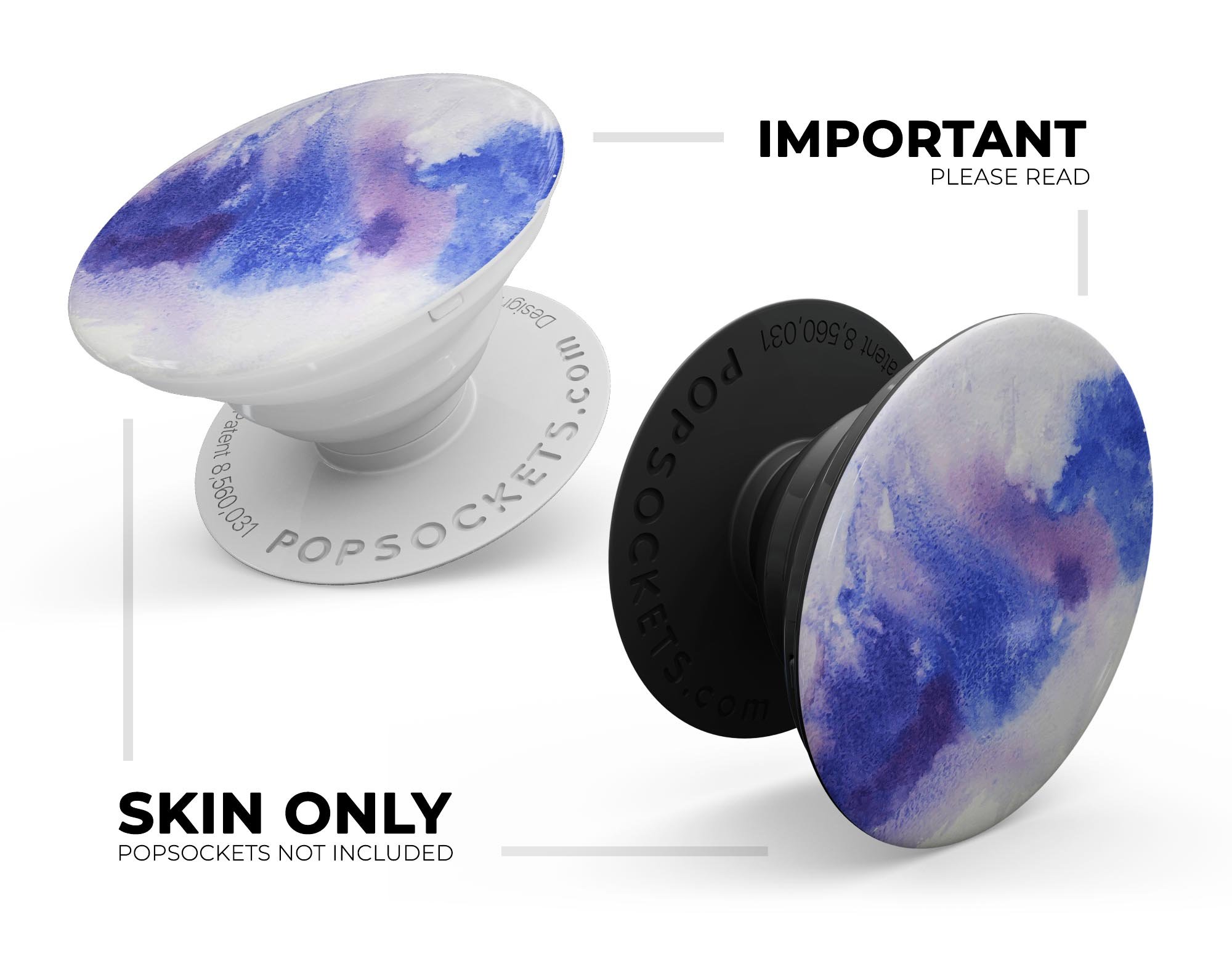 Blue and pink watercolor spill design skin for PopSockets, showcasing vibrant colors and artistic patterns.