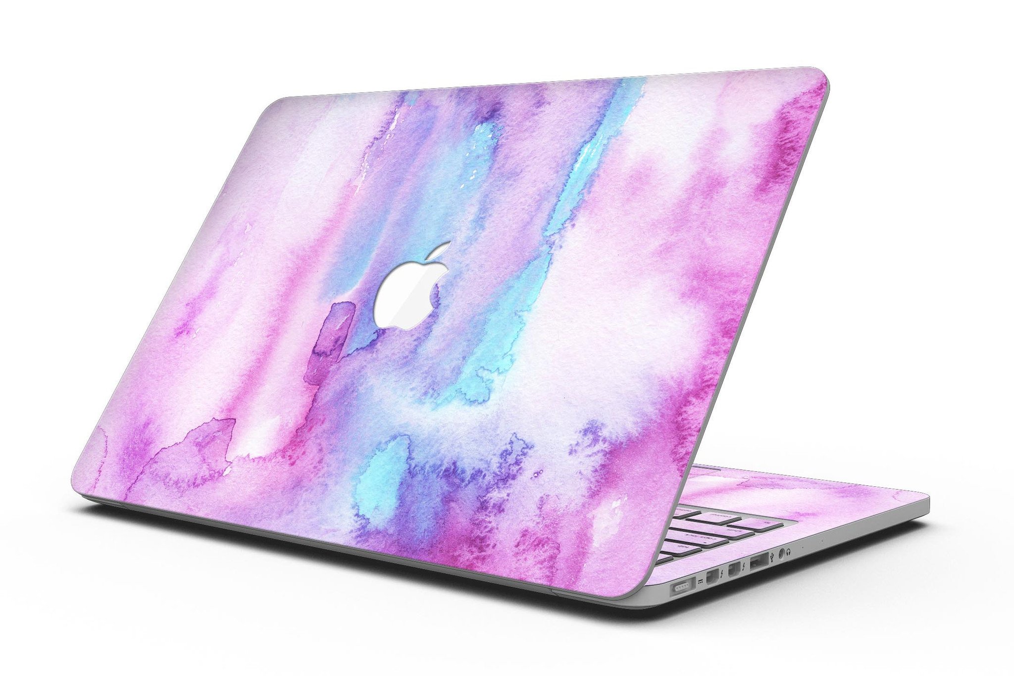 Blue and pink watercolor texture skin for MacBook Pro with Retina Display, showcasing vibrant colors and a sleek design.