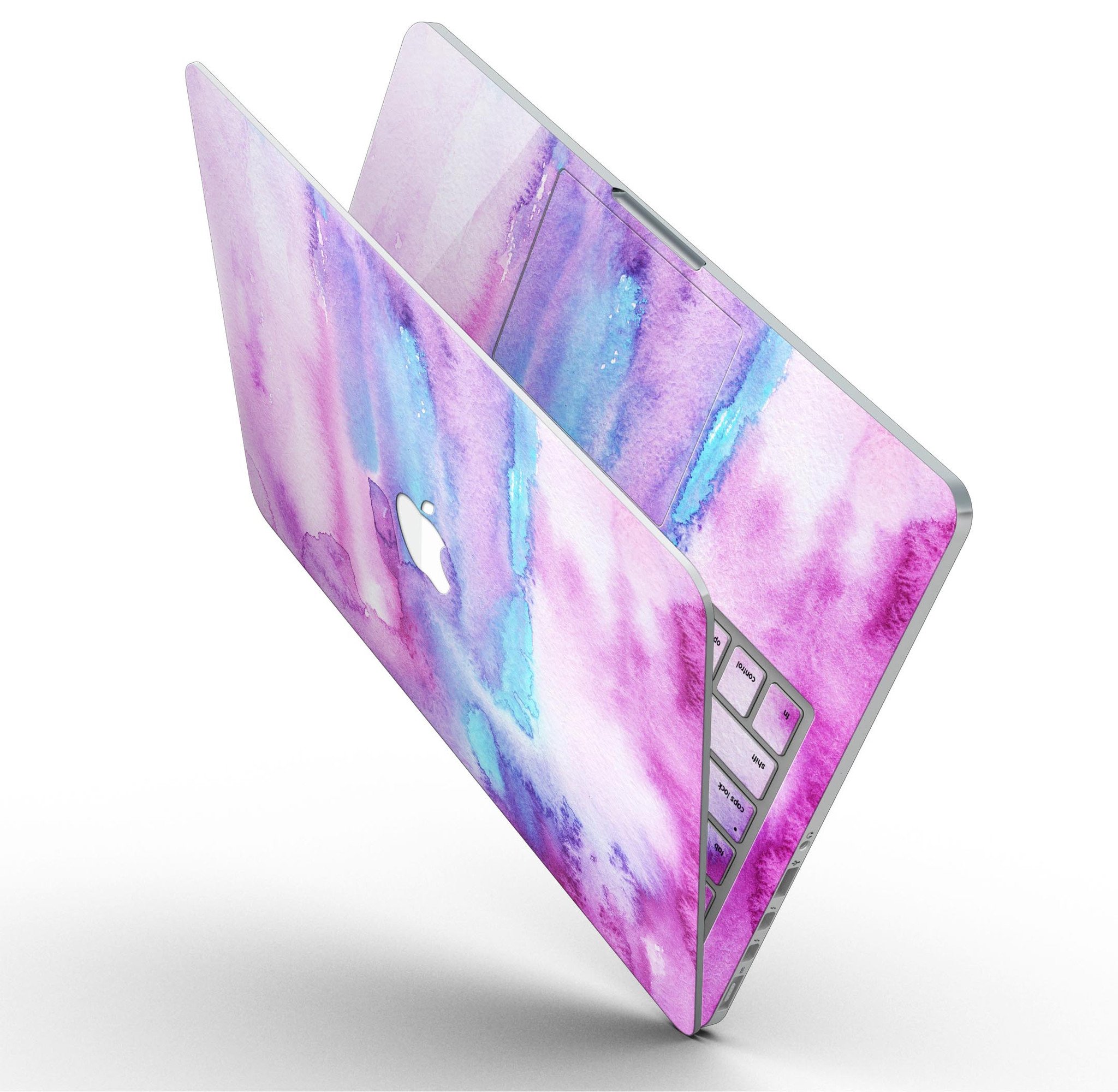 Blue and pink watercolor texture skin for MacBook Pro with Retina Display, showcasing vibrant colors and a sleek design.