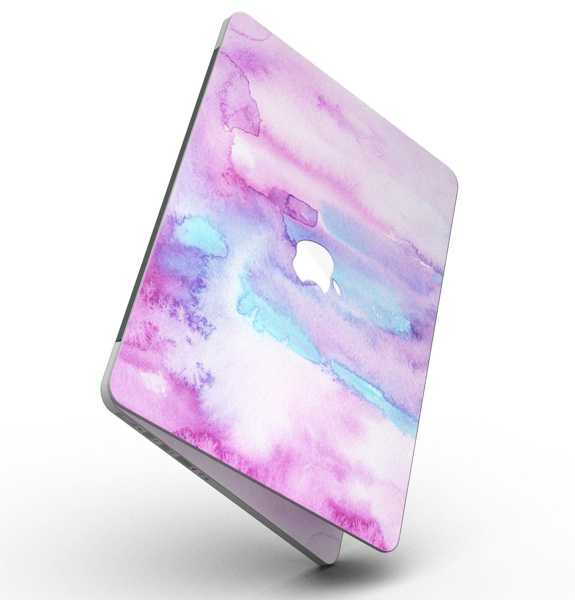 Blue and pink watercolor texture skin for MacBook Pro with Retina Display, showcasing vibrant colors and a sleek design.