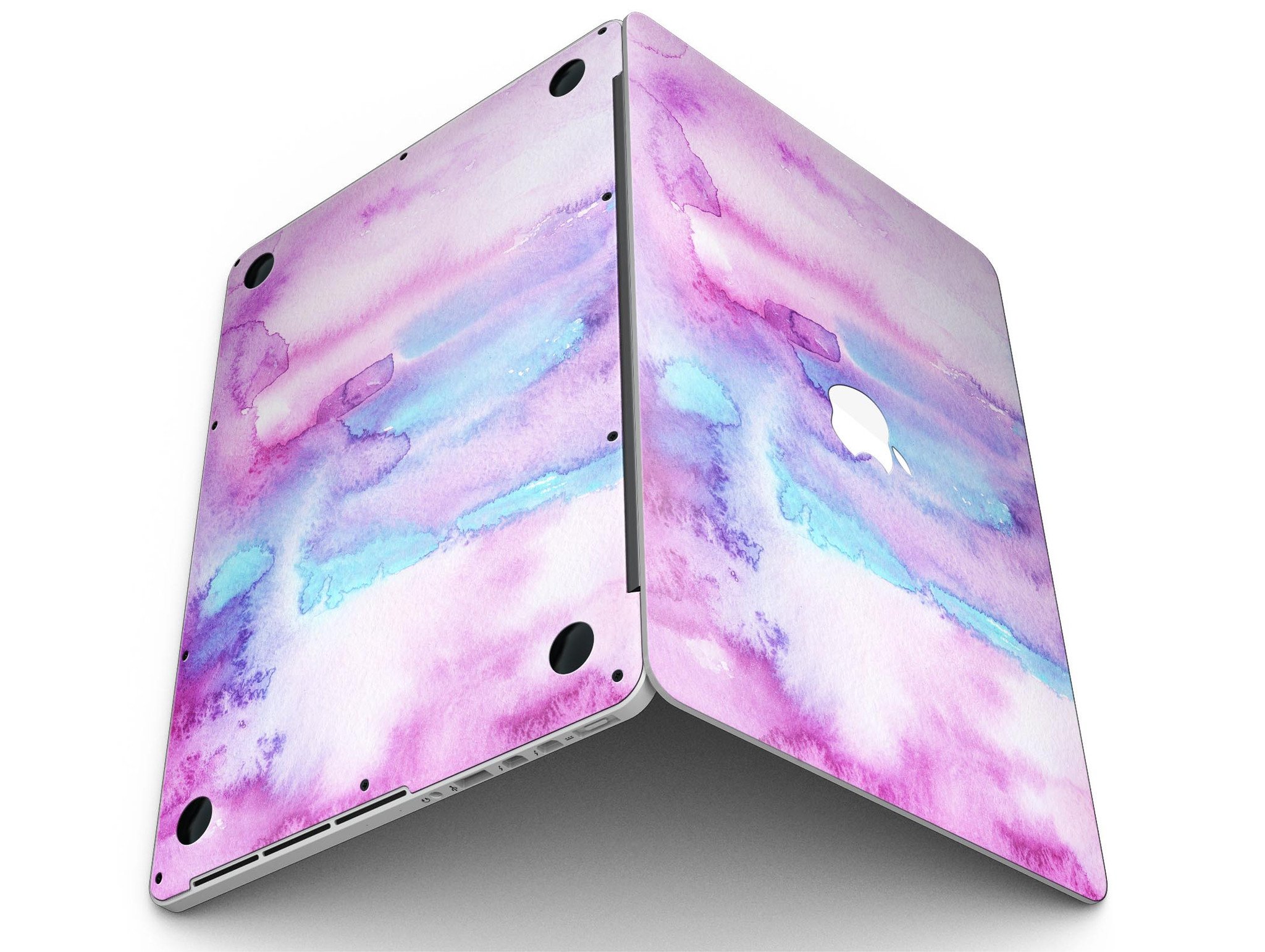 Blue and pink watercolor texture skin for MacBook Pro with Retina Display, showcasing vibrant colors and a sleek design.