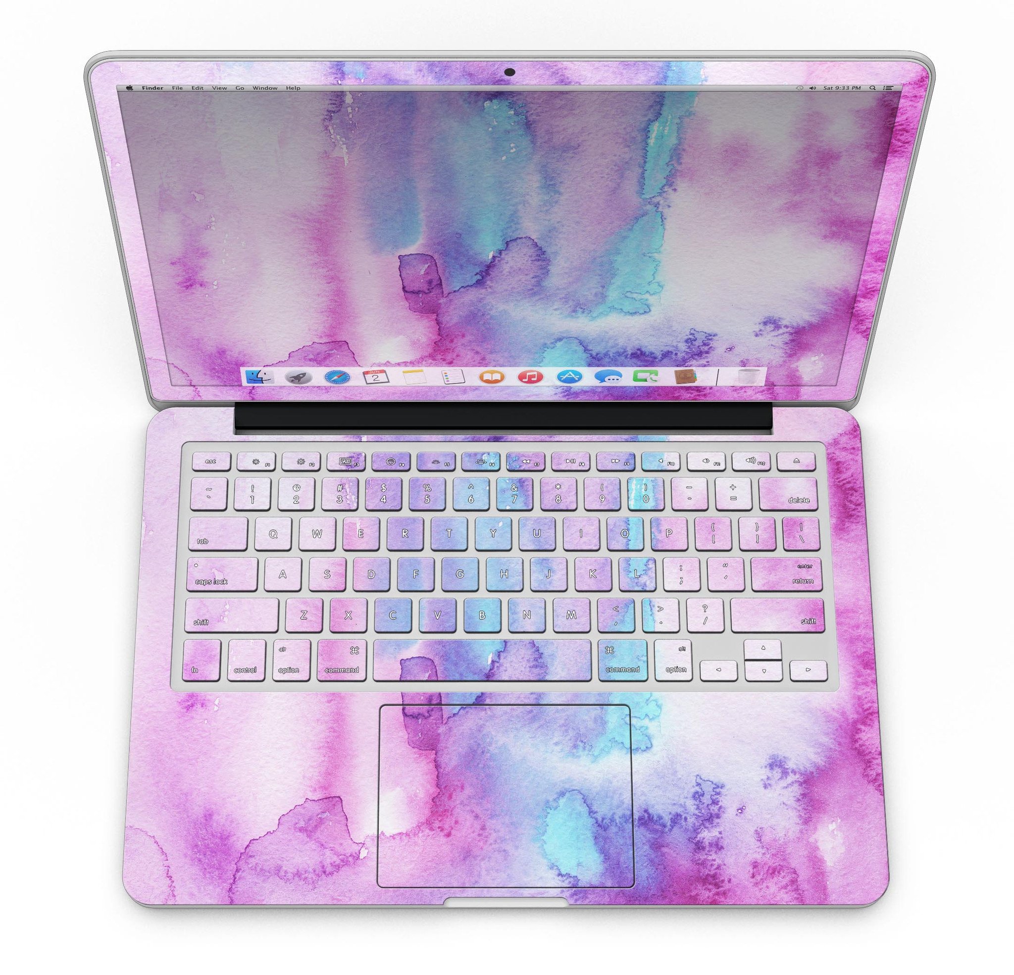 Blue and pink watercolor texture skin for MacBook Pro with Retina Display, showcasing vibrant colors and a sleek design.