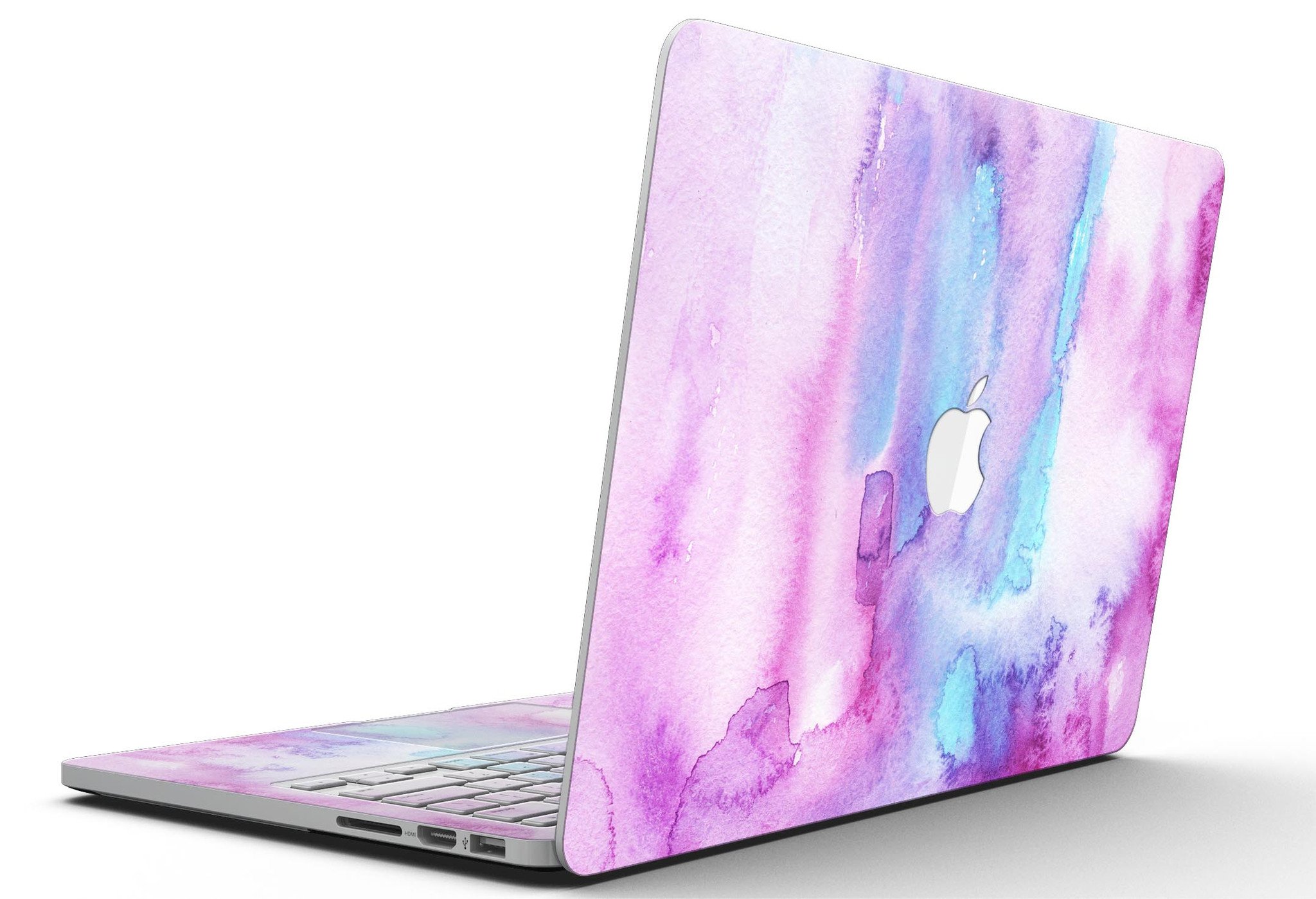 Blue and pink watercolor texture skin for MacBook Pro with Retina Display, showcasing vibrant colors and a sleek design.