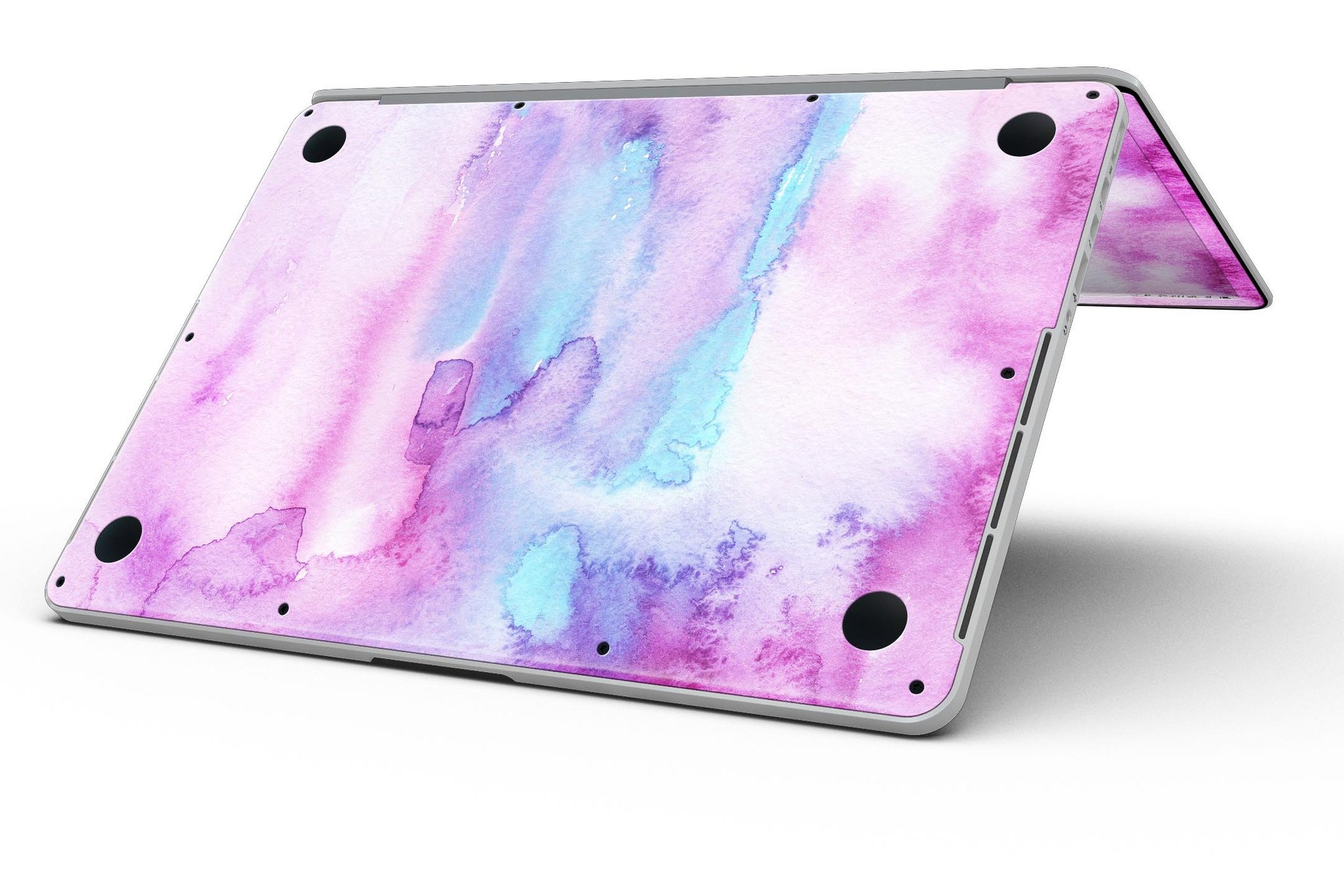 Blue and pink watercolor texture skin for MacBook Pro with Retina Display, showcasing vibrant colors and a sleek design.